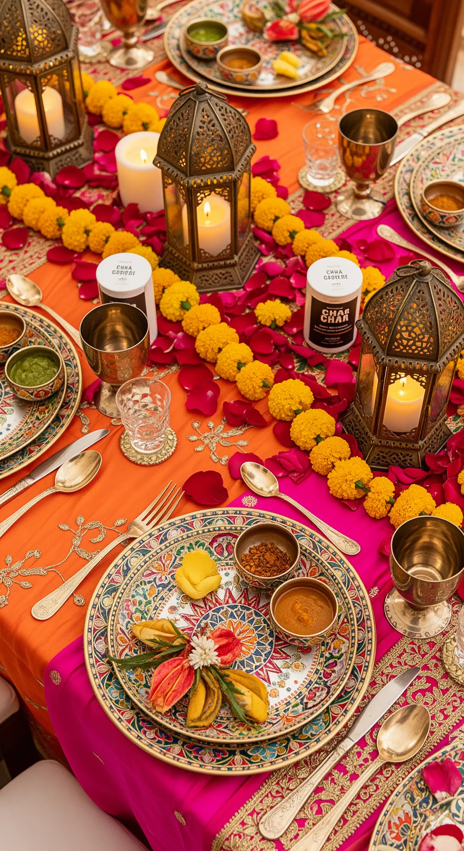 Tavola indiana con tessuti colorati, ghirlande di fiori, lanterne e piatti decorati