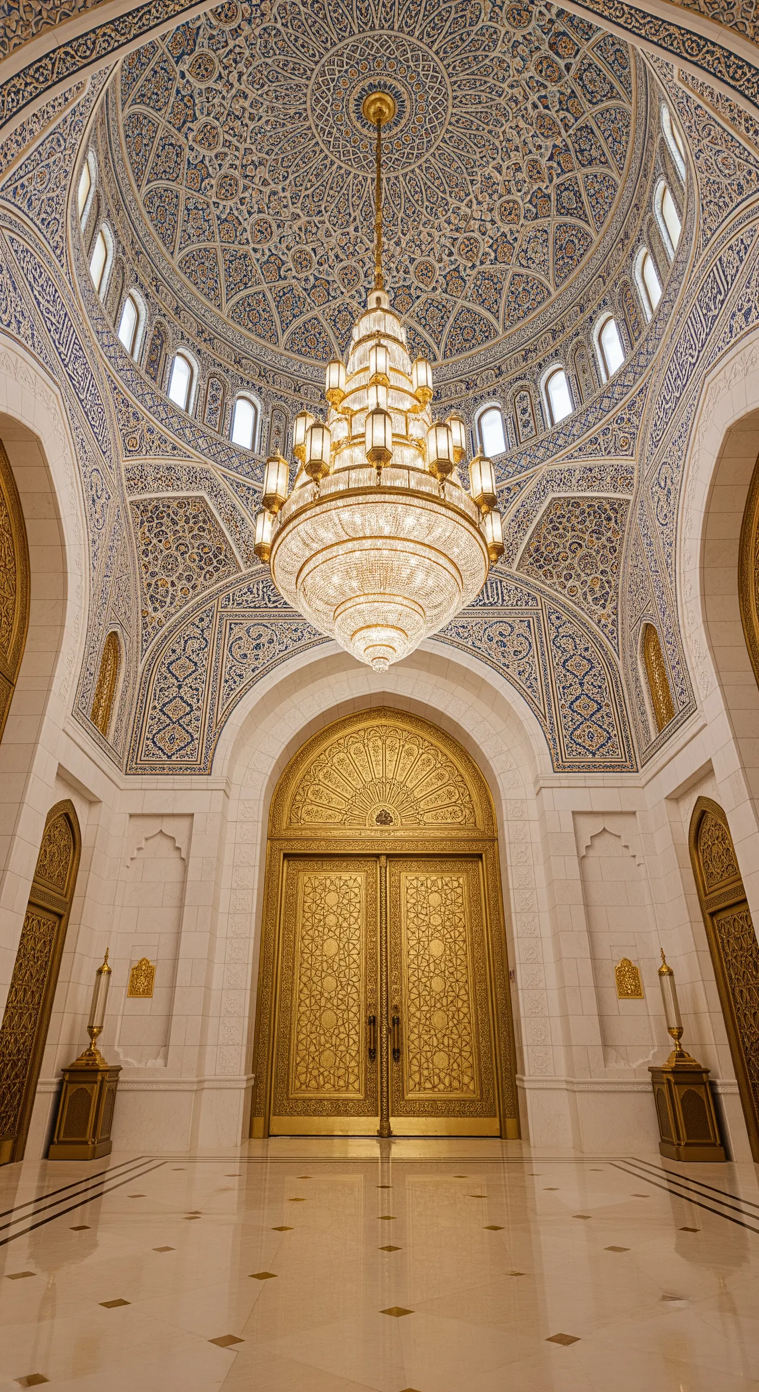 Ingresso monumentale con cupola a mosaico blu e oro, porte dorate e un lampadario imponente.