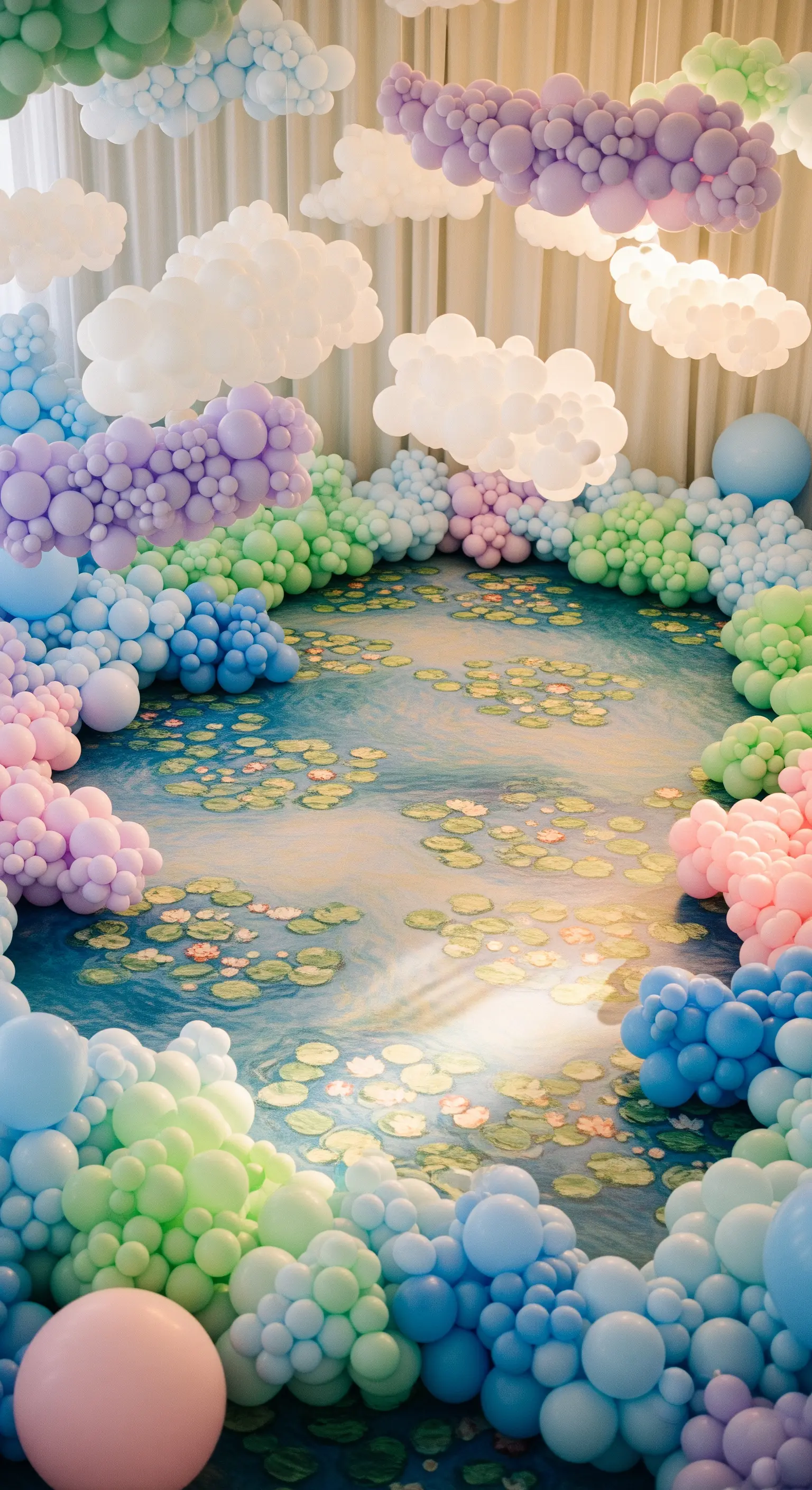 Installazione ispirata a Monet con pavimento a tema ninfee e nuvole di palloncini pastello.