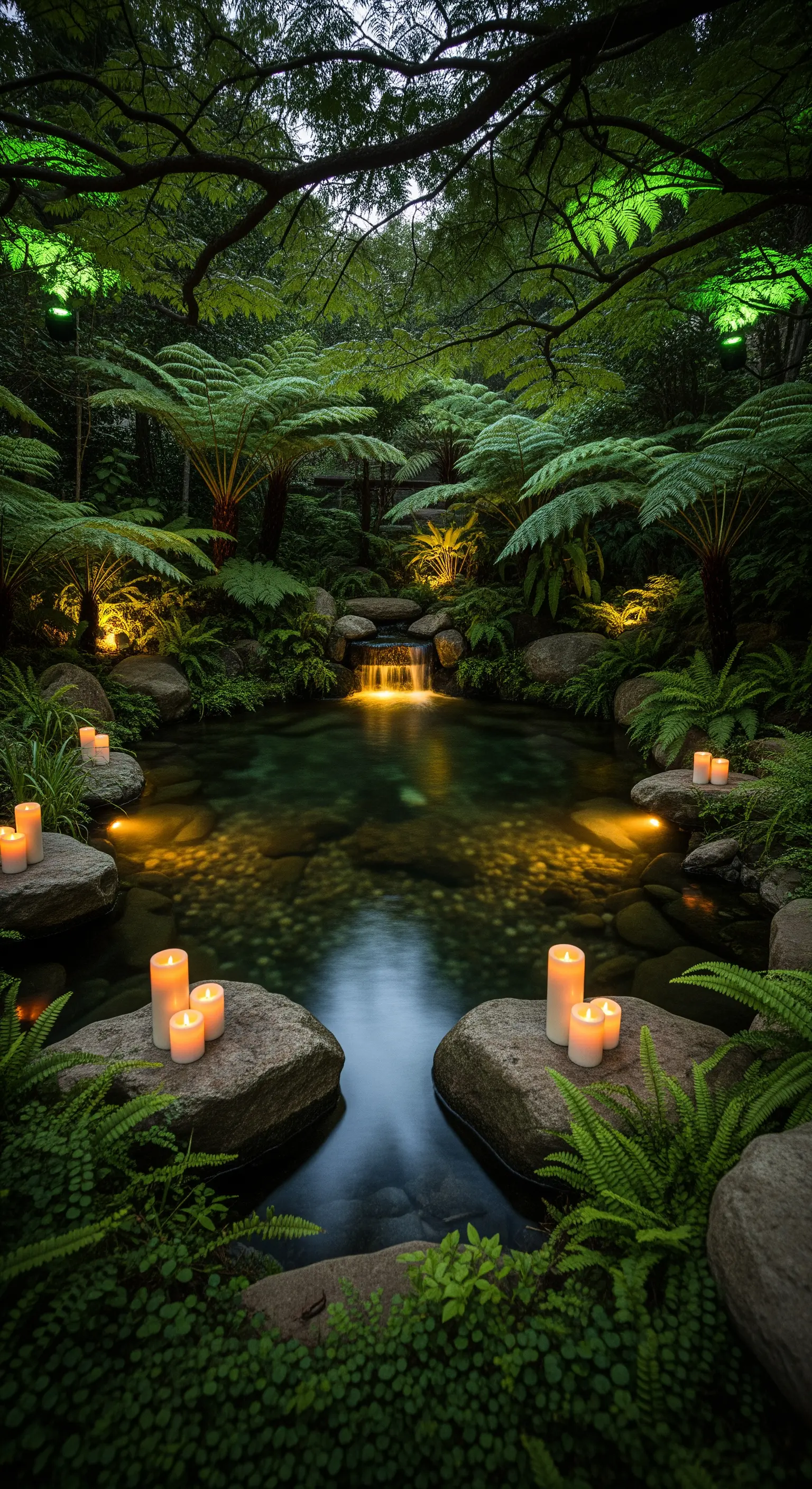 Piccolo stagno in un giardino tropicale con cascata, felci e candele posizionate sulle rocce.