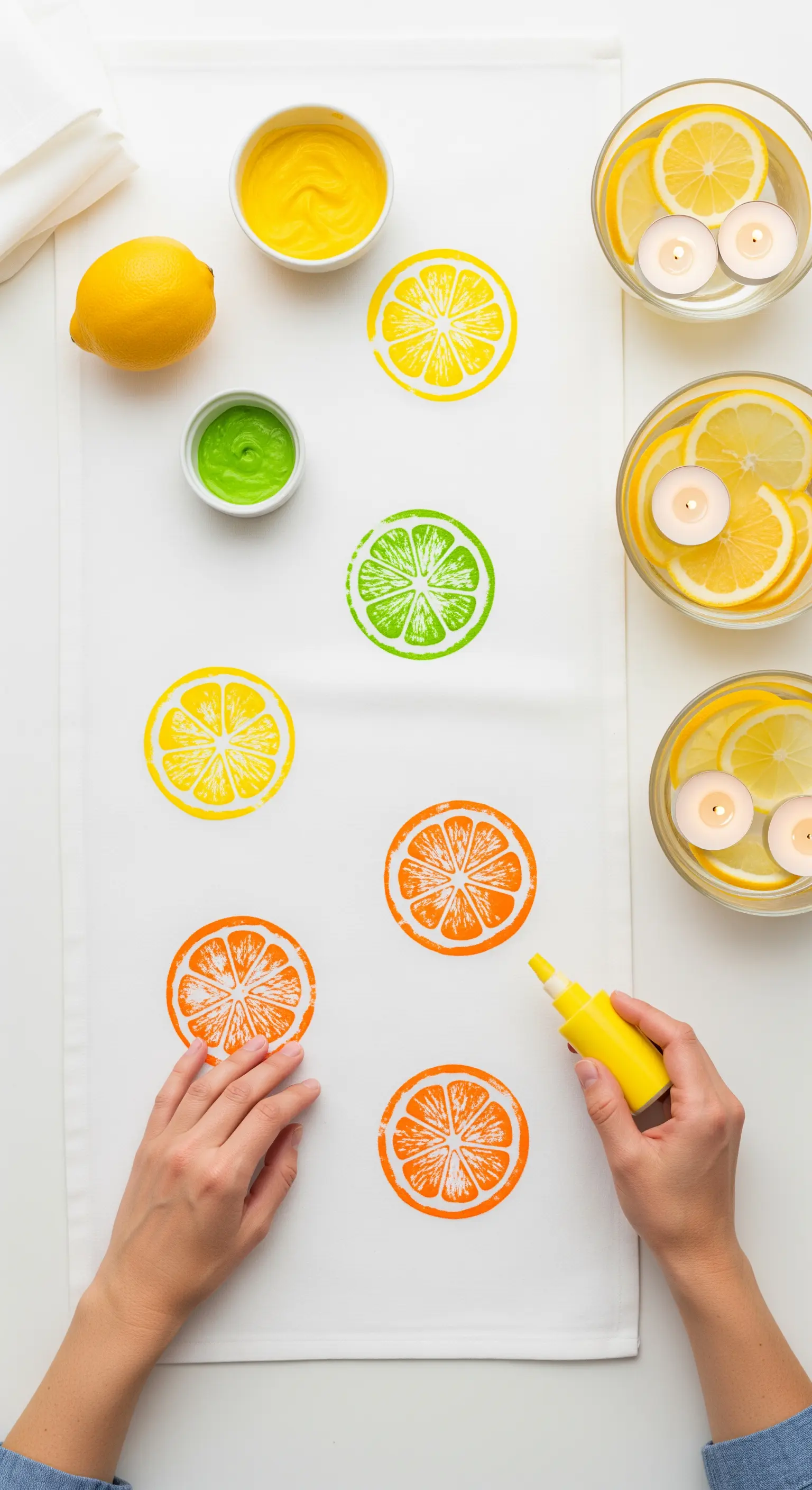 Creazione di un runner bianco con timbri fatti di agrumi e vernice per tessuti.