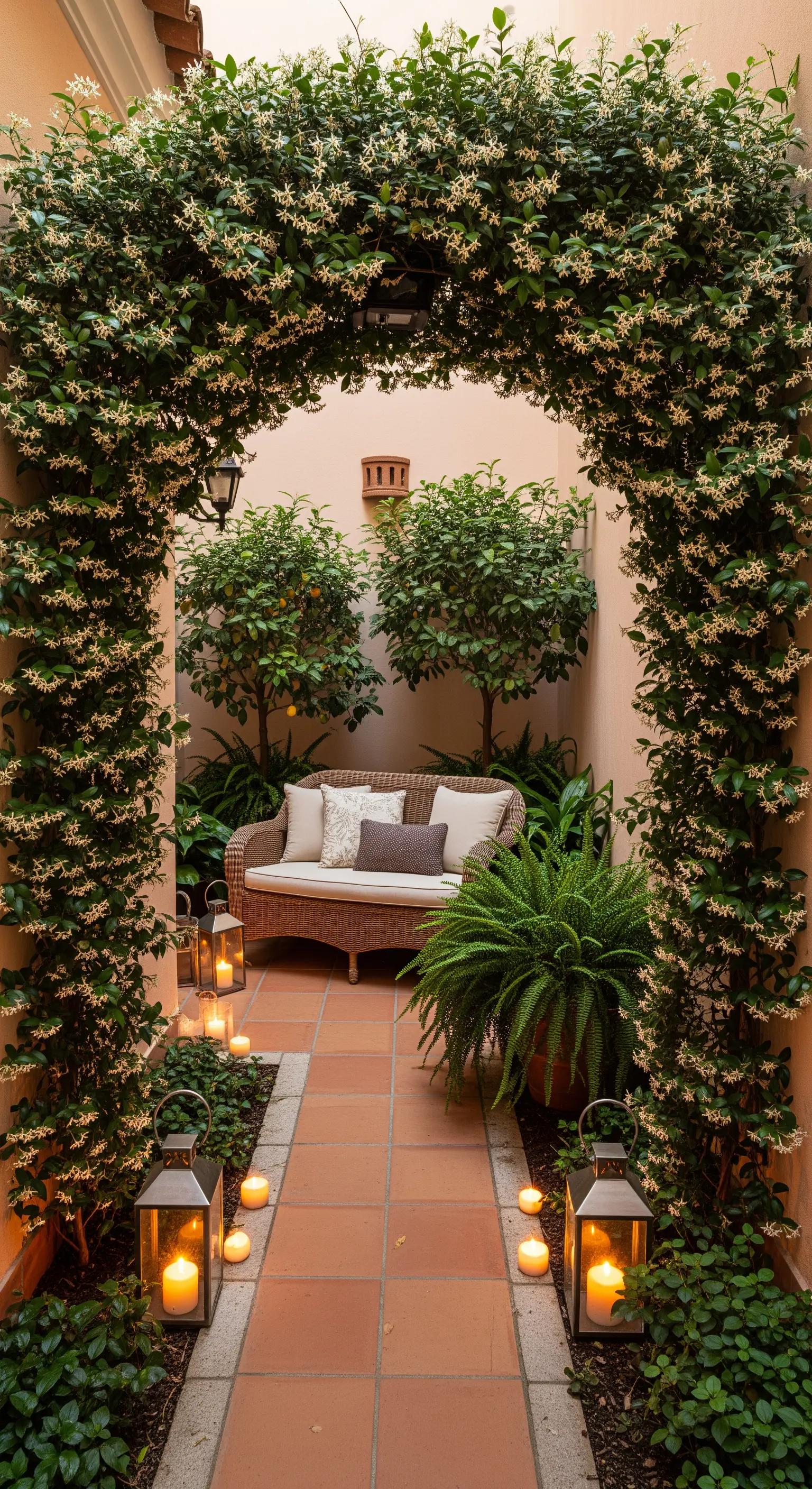 Piccolo patio intimo con un arco fiorito, un divano in vimini e lanterne accese a terra.