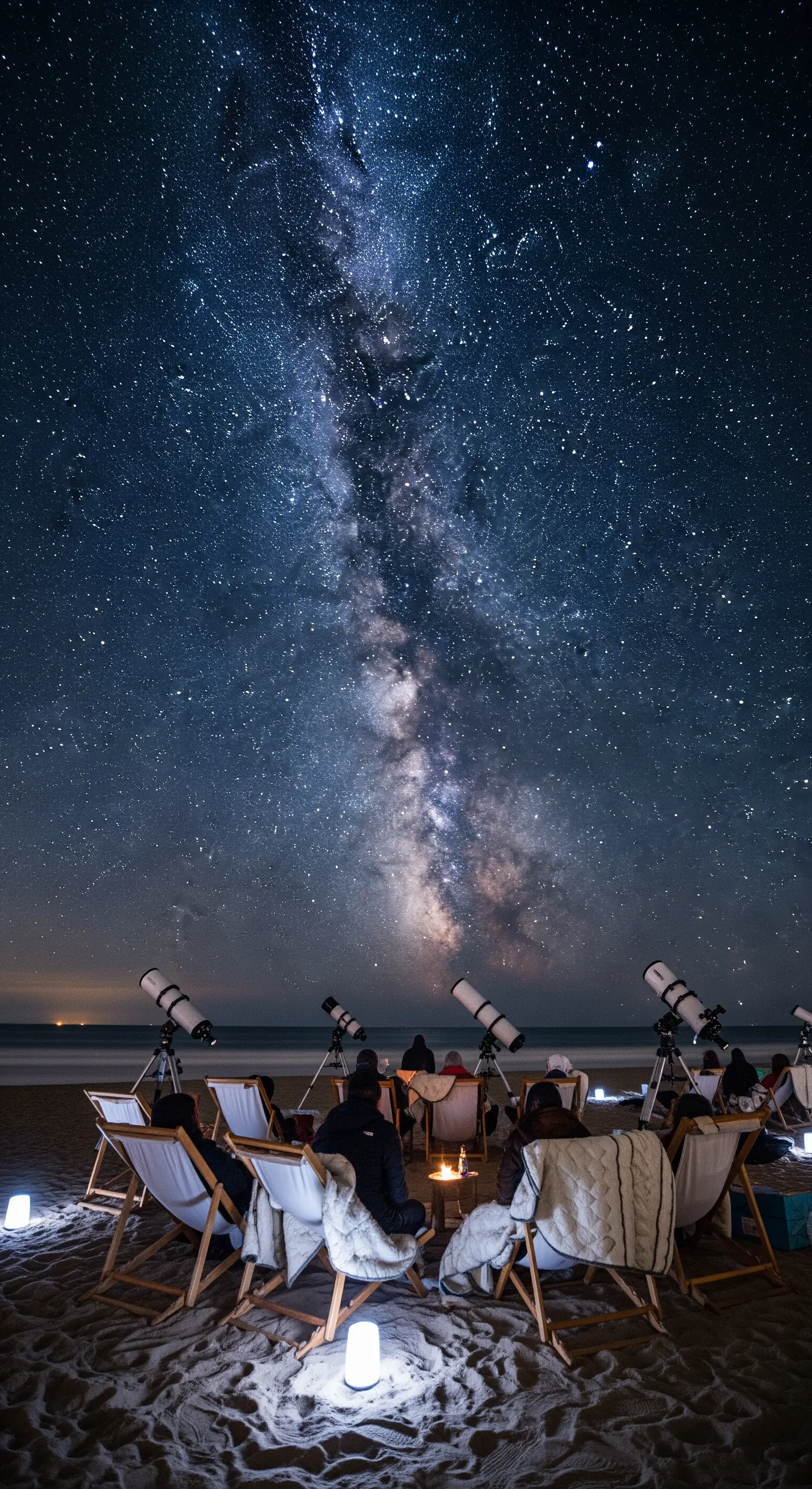 Gruppo di persone che osserva le stelle con telescopi sulla spiaggia di notte