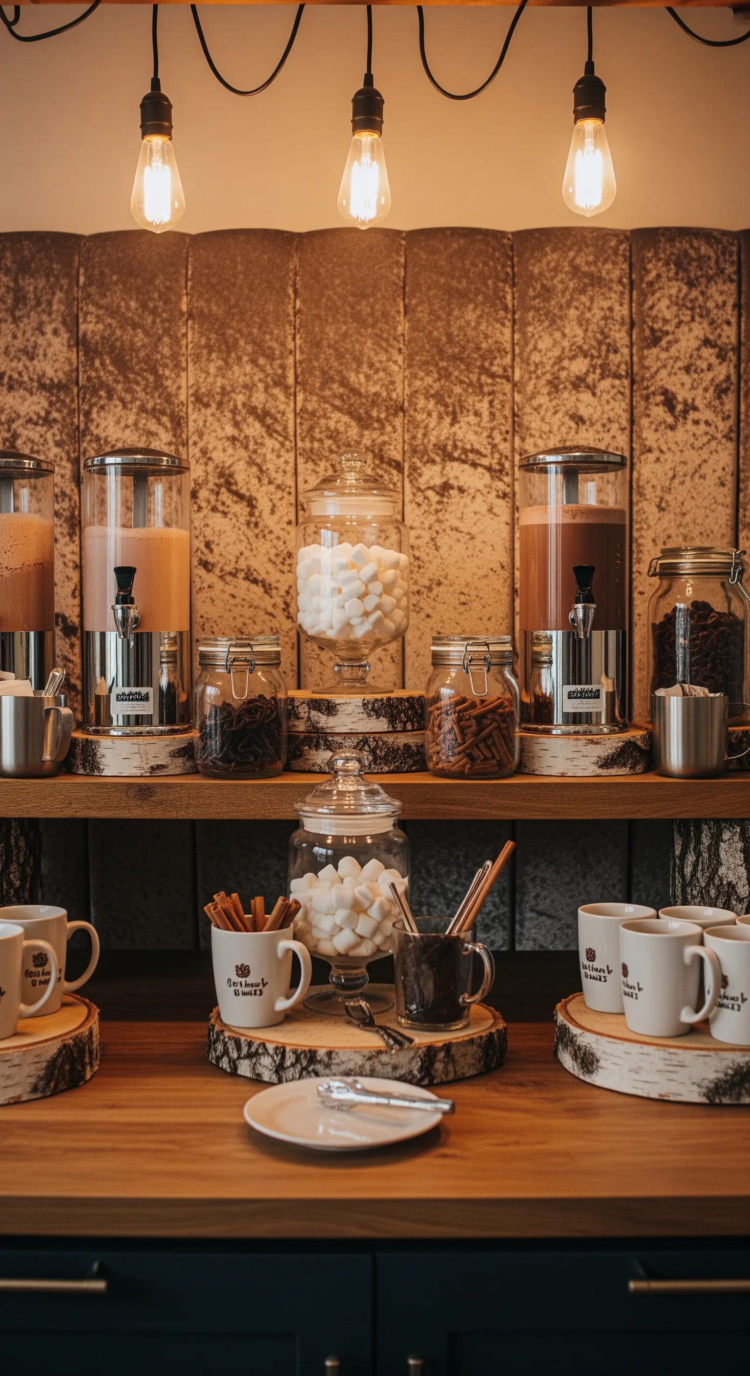 Angolo bar con cioccolata calda, marshmallow e decorazioni in legno di betulla.
