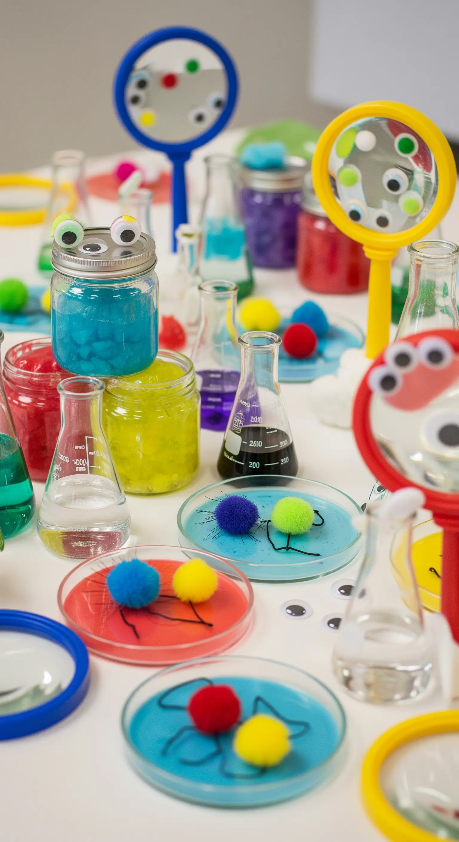 Tavolo con materiali per un laboratorio creativo di Halloween: slime, pompon e occhietti adesivi.