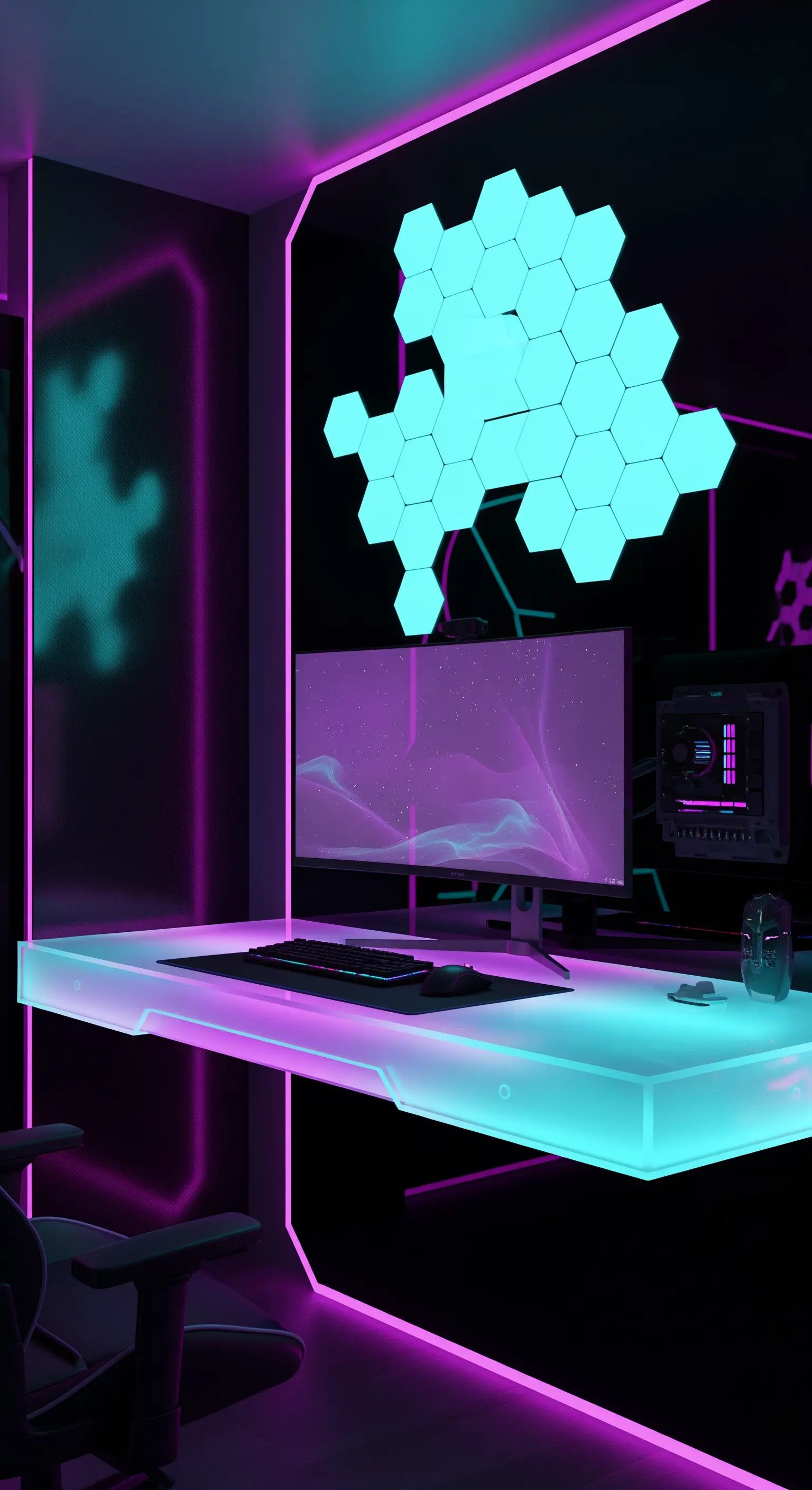 Postazione da gaming futuristica con scrivania luminosa e pannelli LED esagonali a parete.
