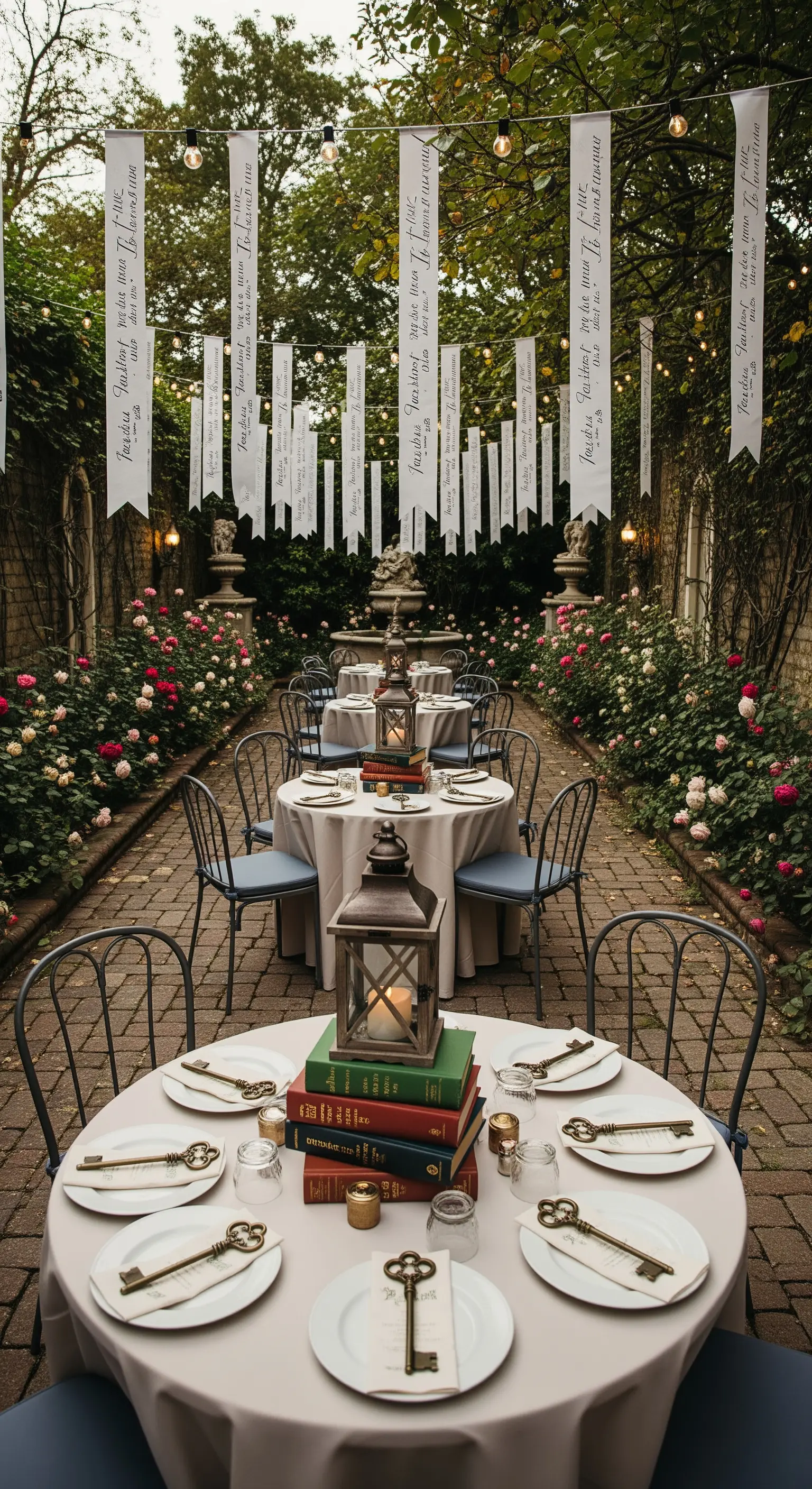 Patio allestito per un matrimonio con stendardi di tessuto bianco appesi e tavoli rotondi.