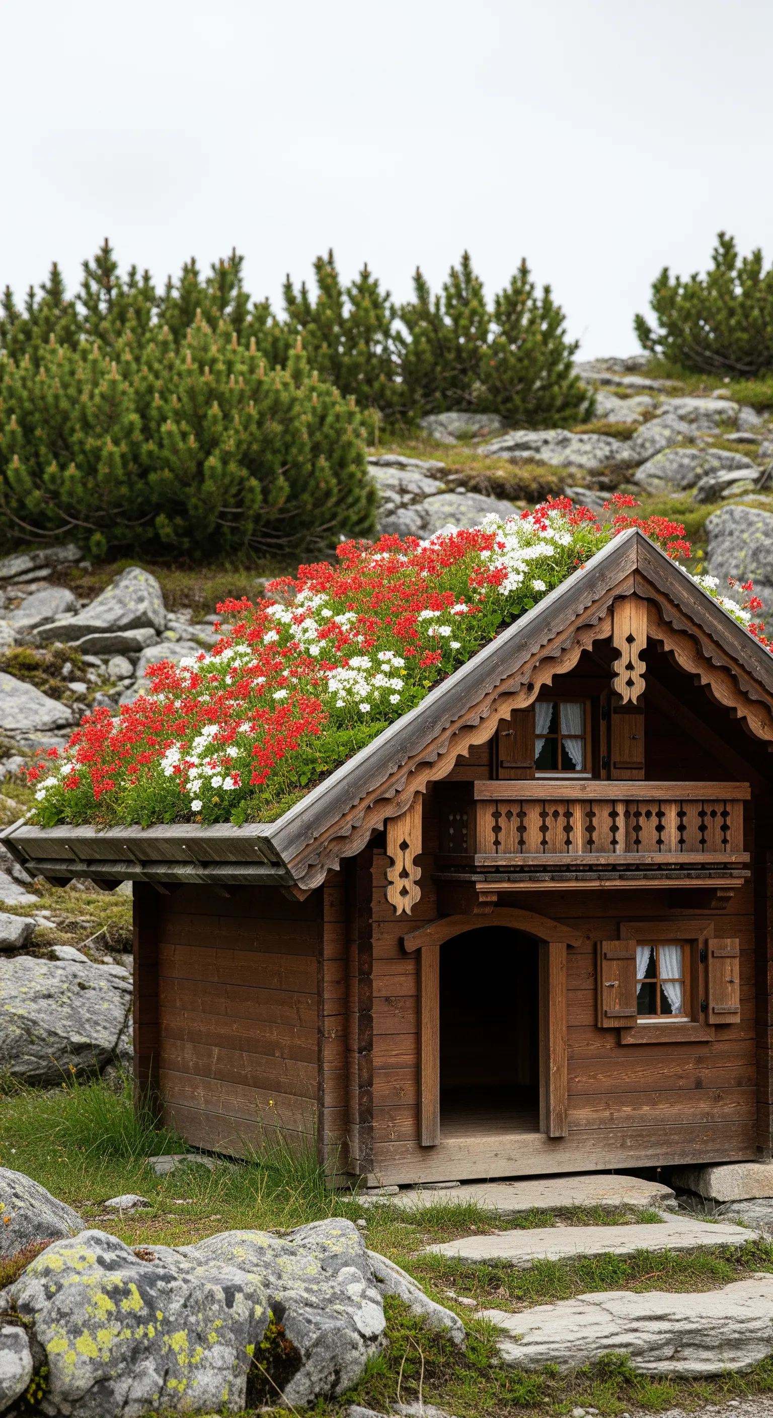 Cuccia a forma di chalet alpino in legno con un tetto fiorito di gerani rossi e bianchi.