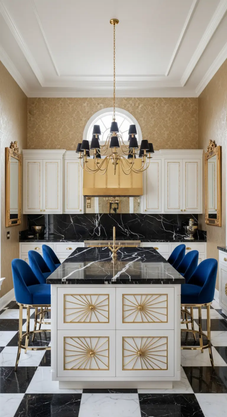 Cucina in stile Art Déco con pavimento a scacchi, isola bianca e oro, e sgabelli in velluto blu.