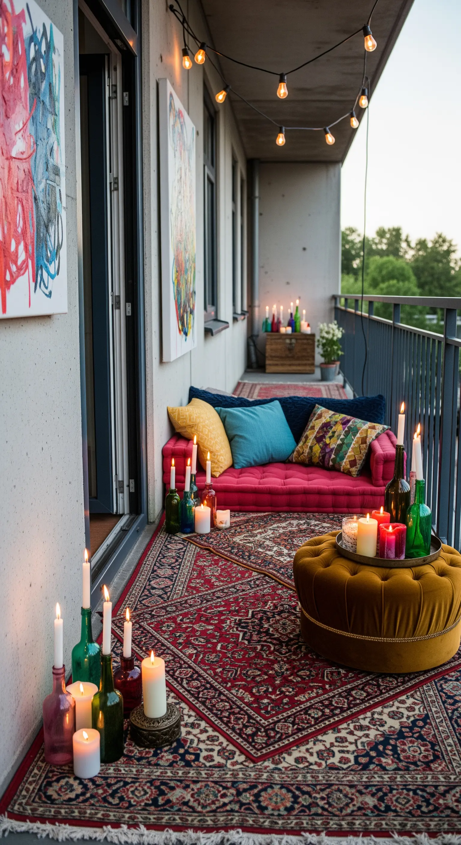 Balcone eclettico con divano rosso, pouf senape e candele inserite in bottiglie di vetro.