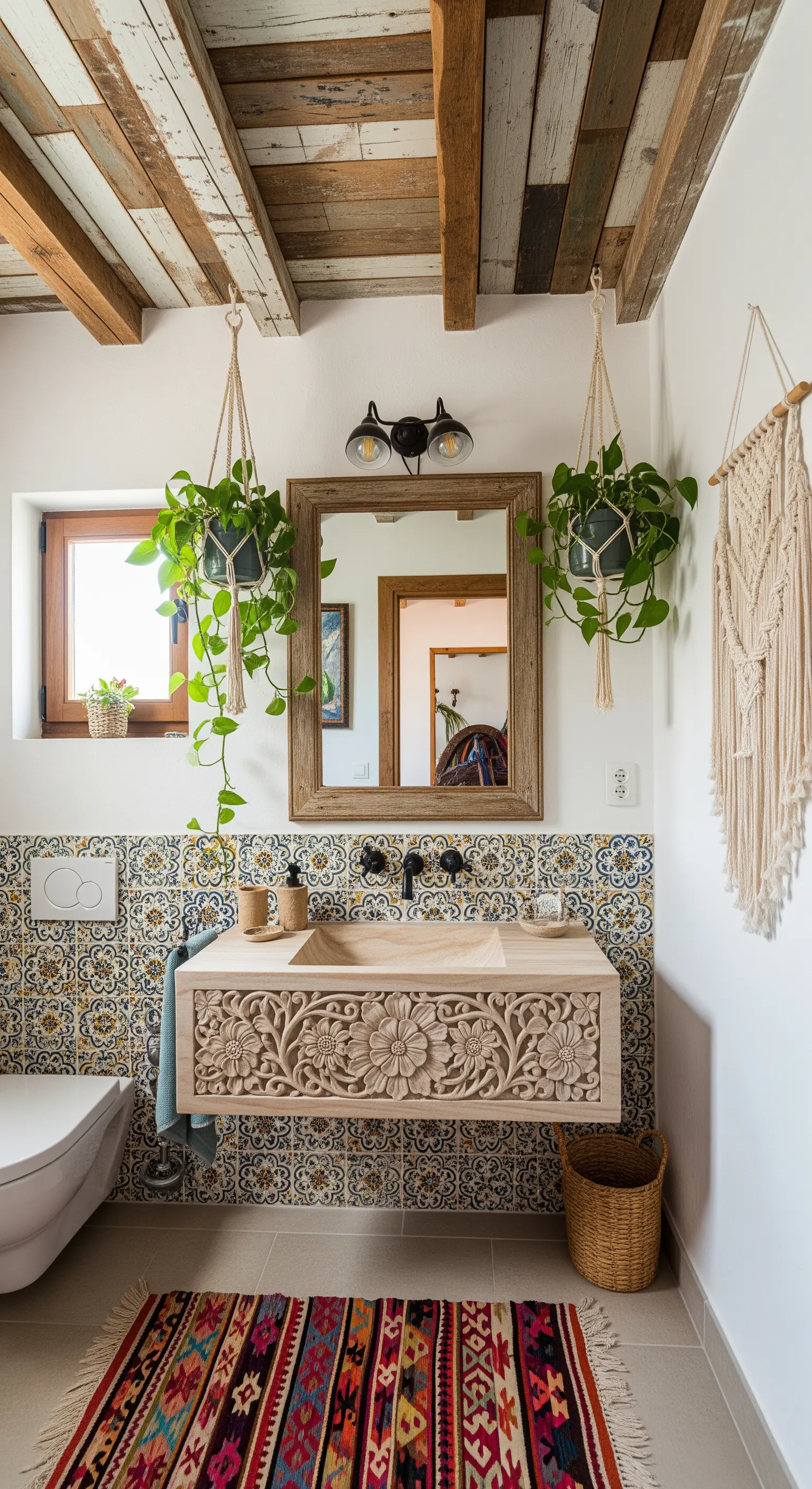 Bagno bohémien con lavabo in legno intagliato, piastrelle decorate e piante sospese.
