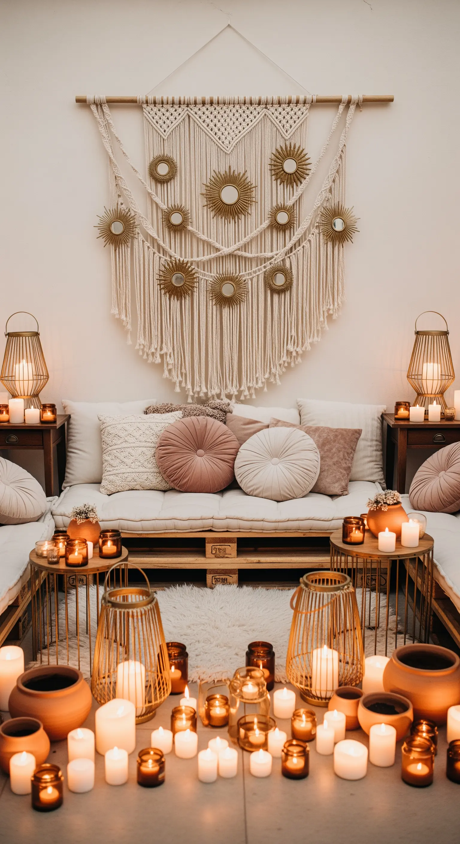 Angolo relax bohémien con divano basso, macramè e piccoli specchi dorati a forma di sole.
