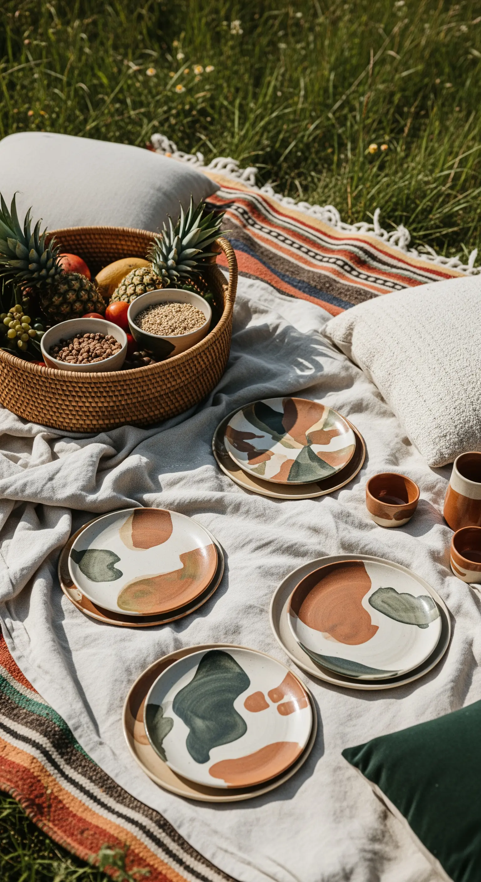 Picnic in stile bohémien con plaid etnico, cuscini e piatti in ceramica artigianale.