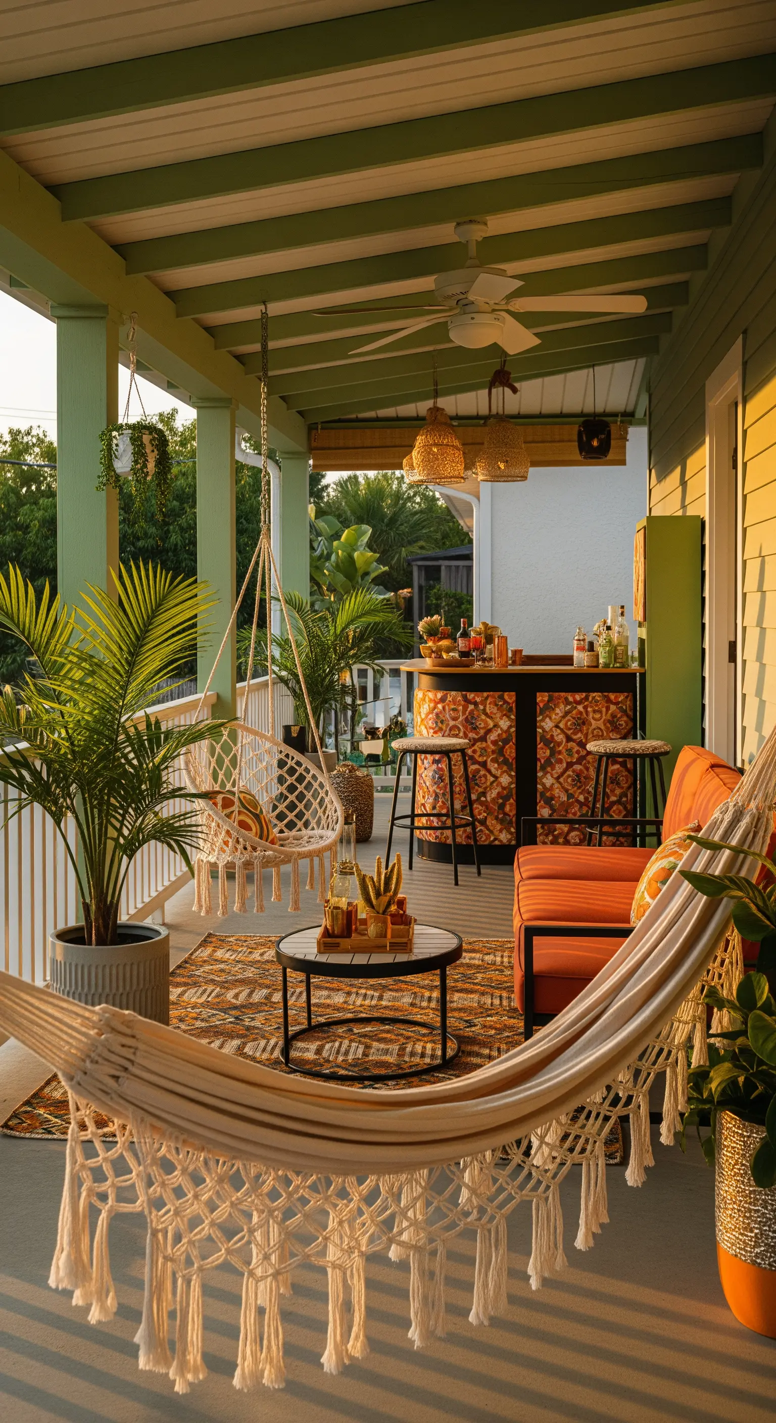 Portico in stile boho con amaca in macramè, sedia sospesa, tappeti etnici e bar rivestito in tessuto