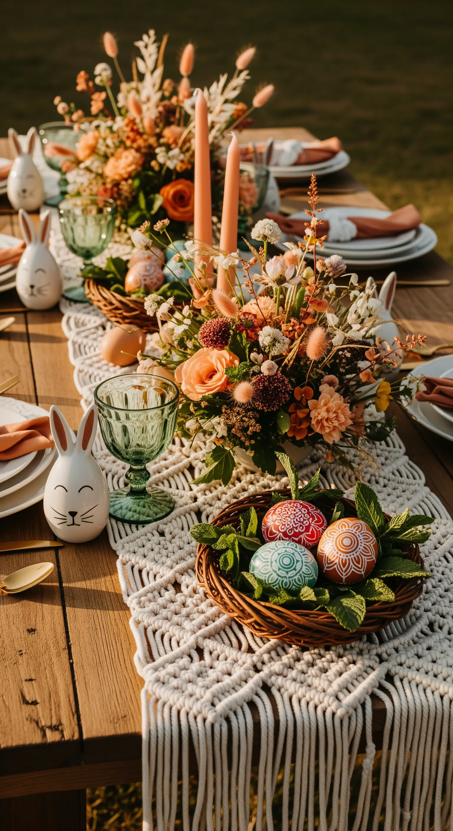 Tavola pasquale boho con runner in macramè, fiori color pesca e uova in cestini di vimini