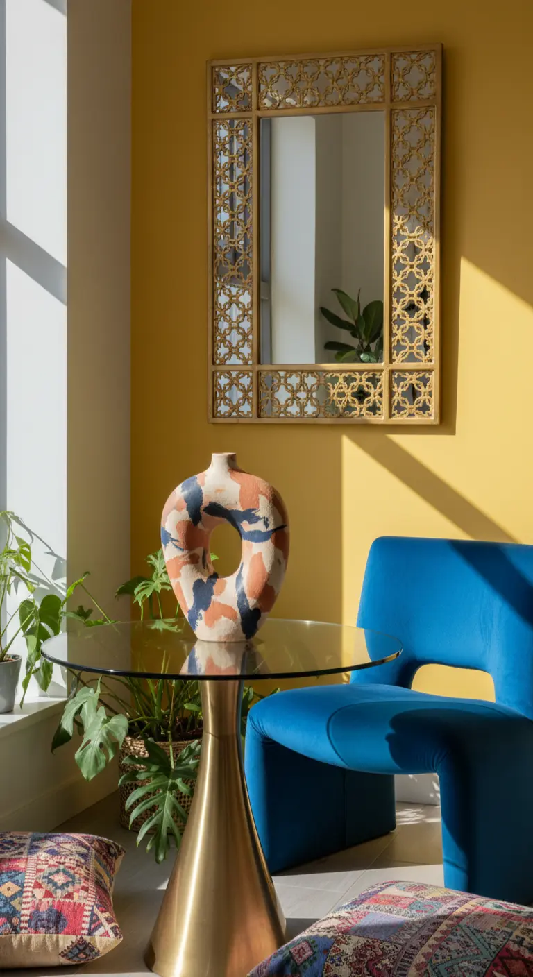 Angolo con parete gialla, sedia in velluto blu e specchio con cornice intagliata.