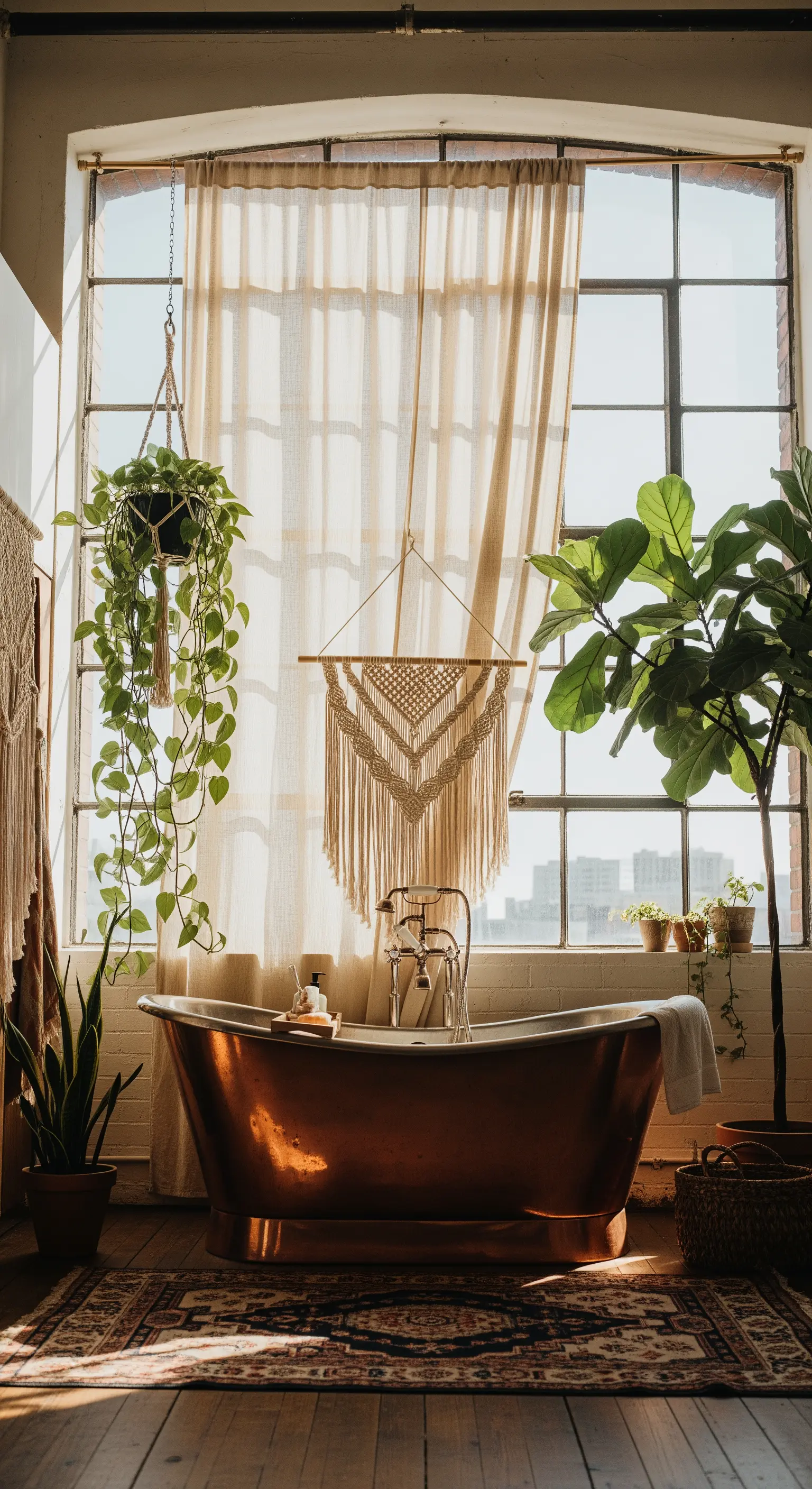 Bagno in stile boho-industriale con vasca in rame, tappeto persiano e molte piante.