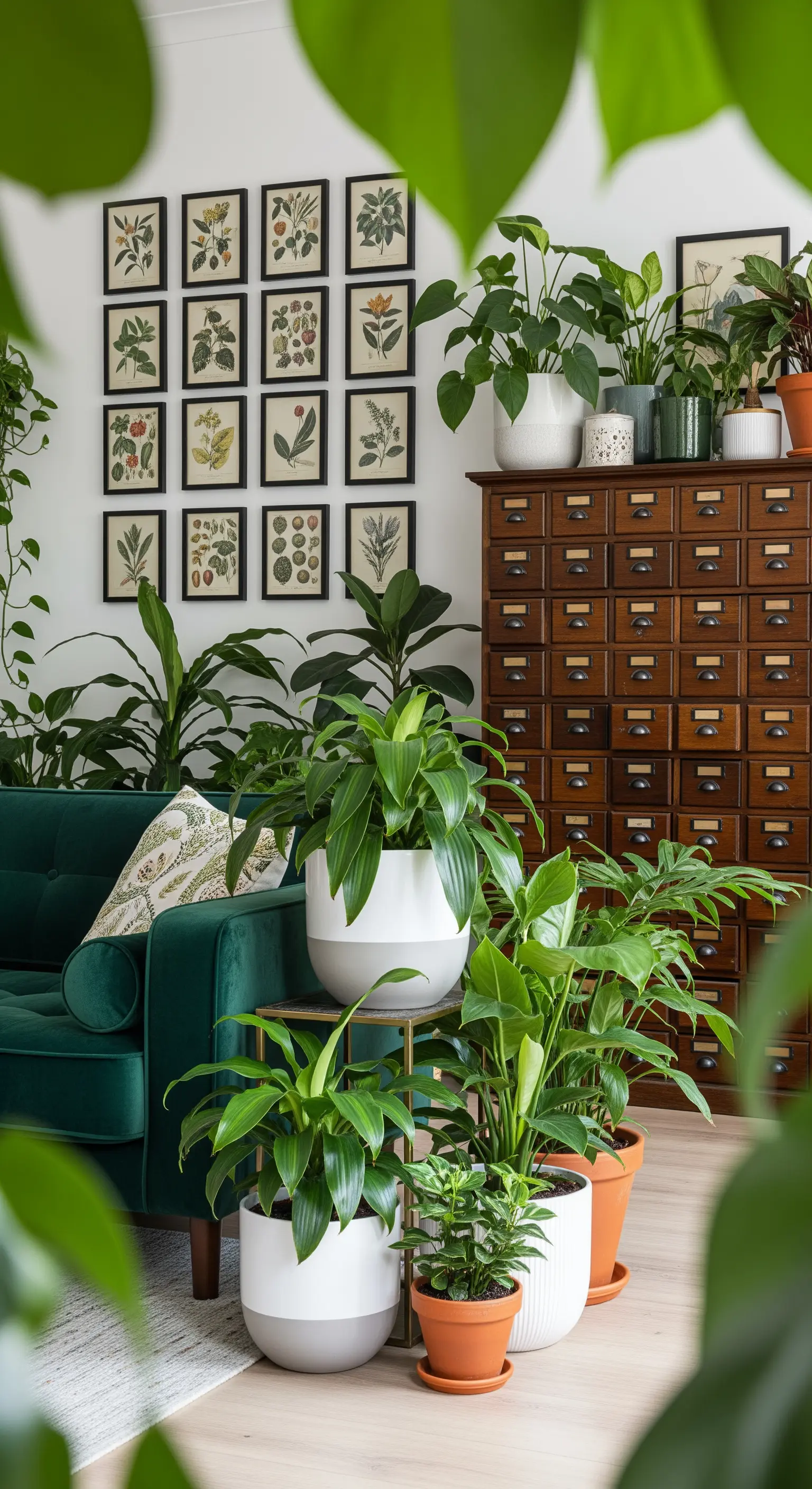 Salotto ricco di piante, con divano in velluto verde e un antico mobile schedario in legno.