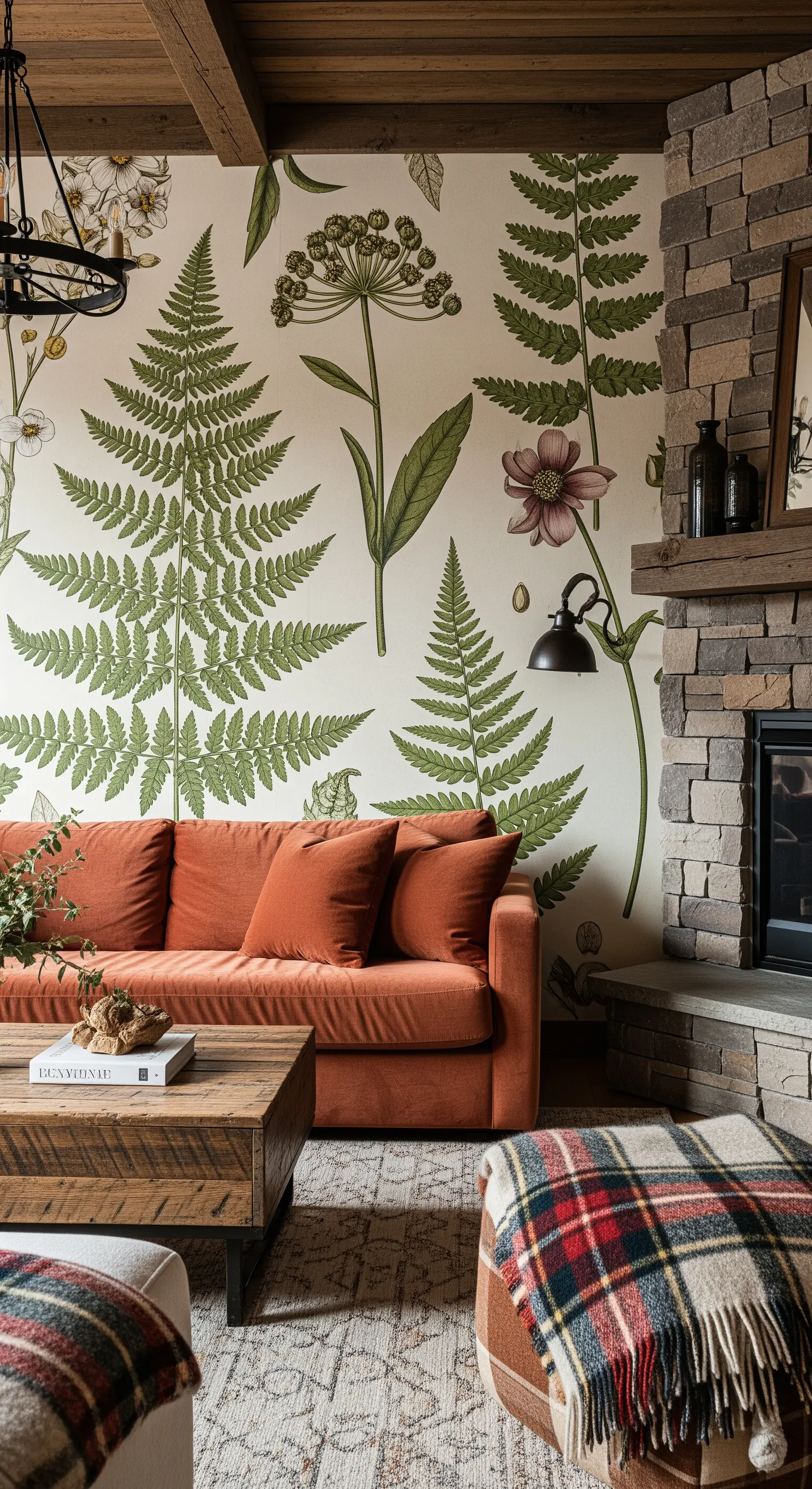 Soggiorno rustico con carta da parati a felci, camino in pietra e divano color ruggine.