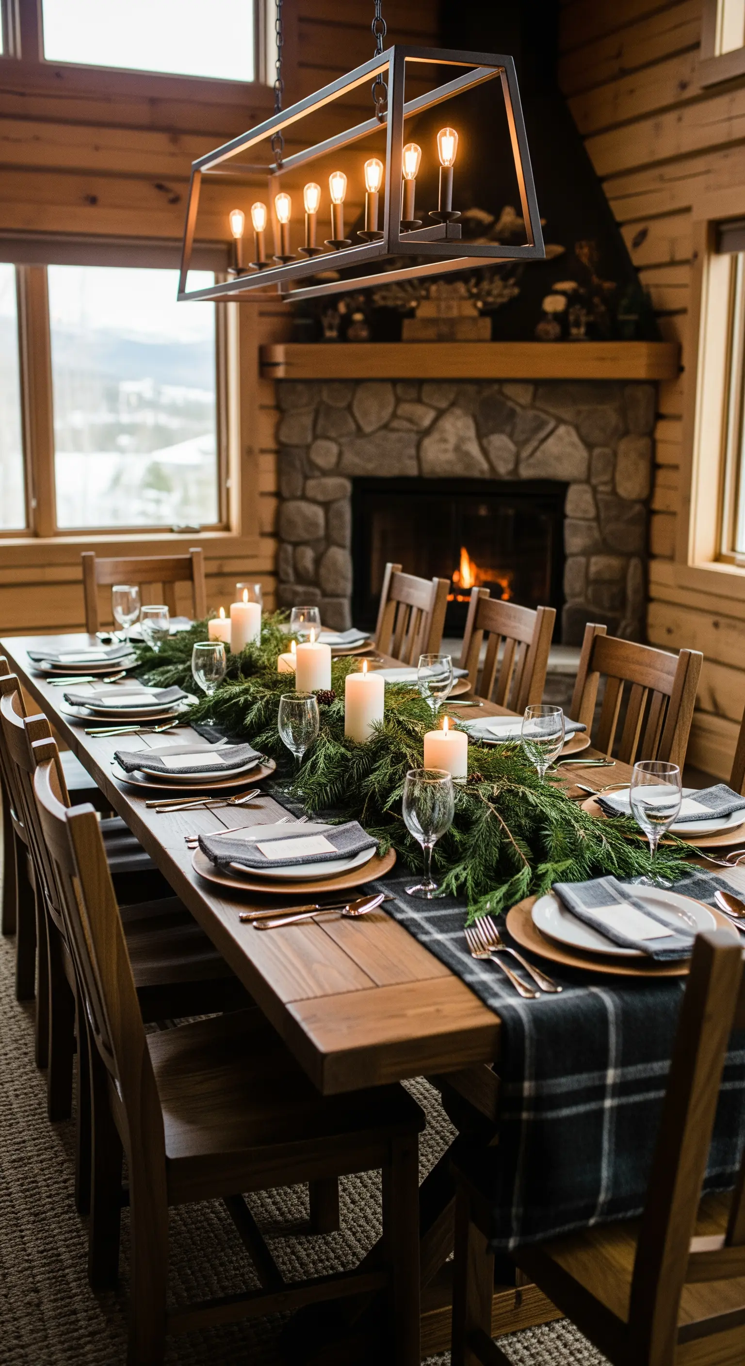 Lunga tavola in legno in uno chalet con runner di abete e candele bianche.