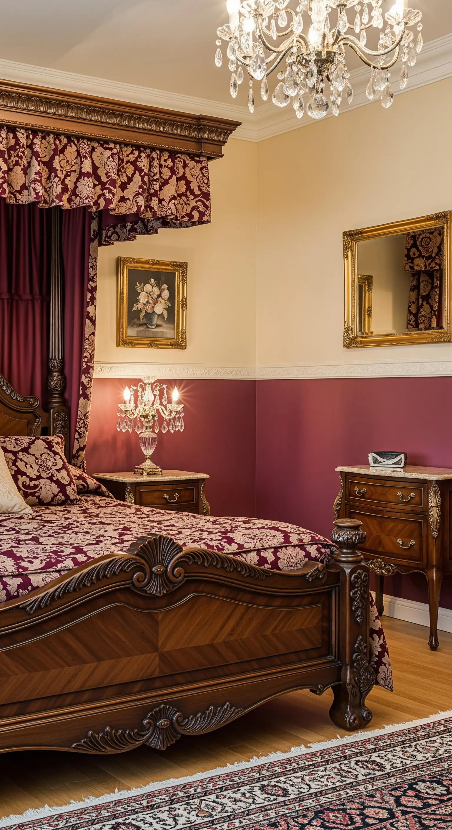 Camera da letto classica con parete bordeaux e crema, letto a baldacchino e mobili antichi.