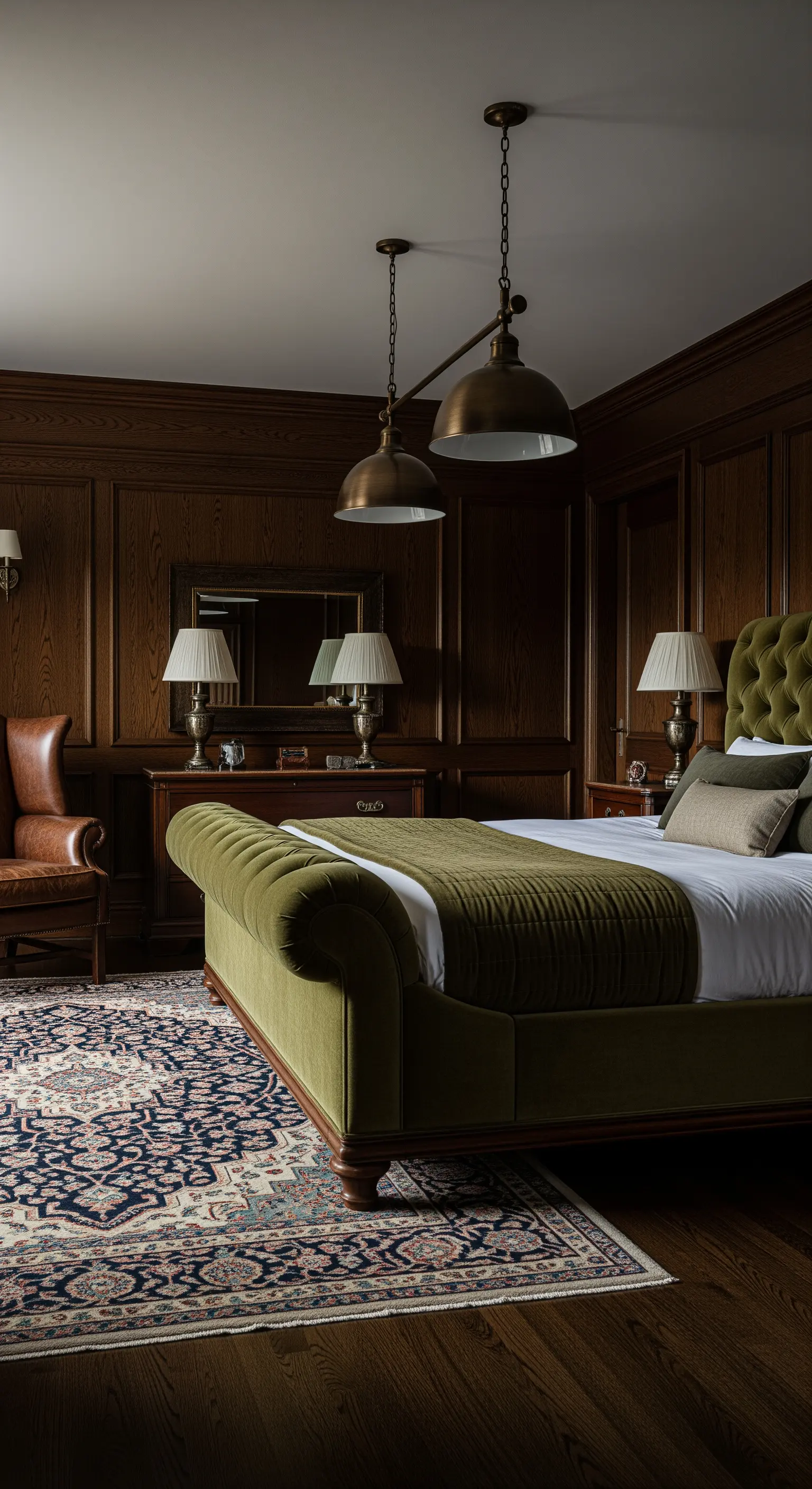 Letto Chesterfield in velluto verde oliva in una camera con boiserie in legno.