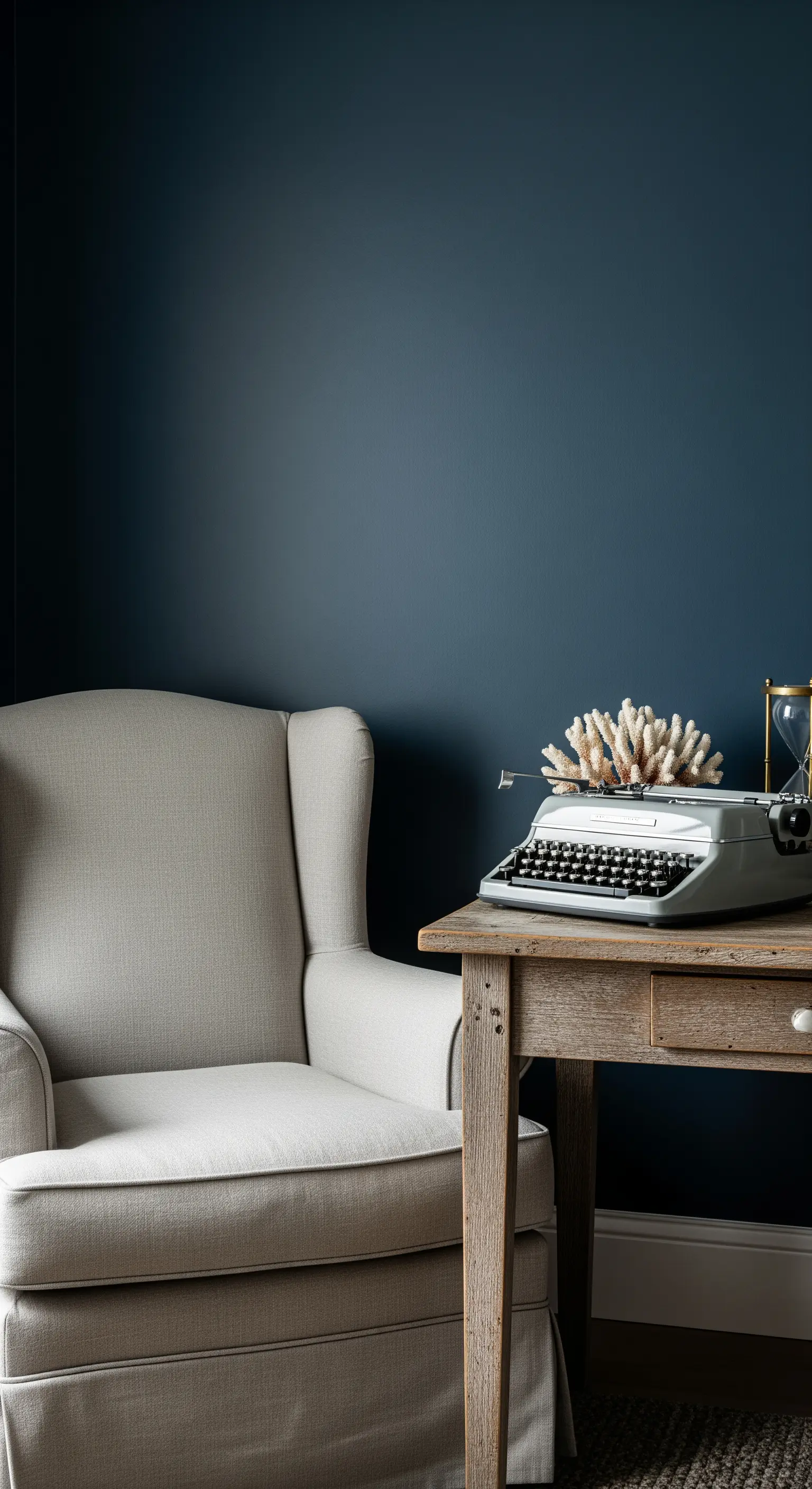 Poltrona in lino chiaro e scrittoio in legno grezzo su una parete blu scuro.