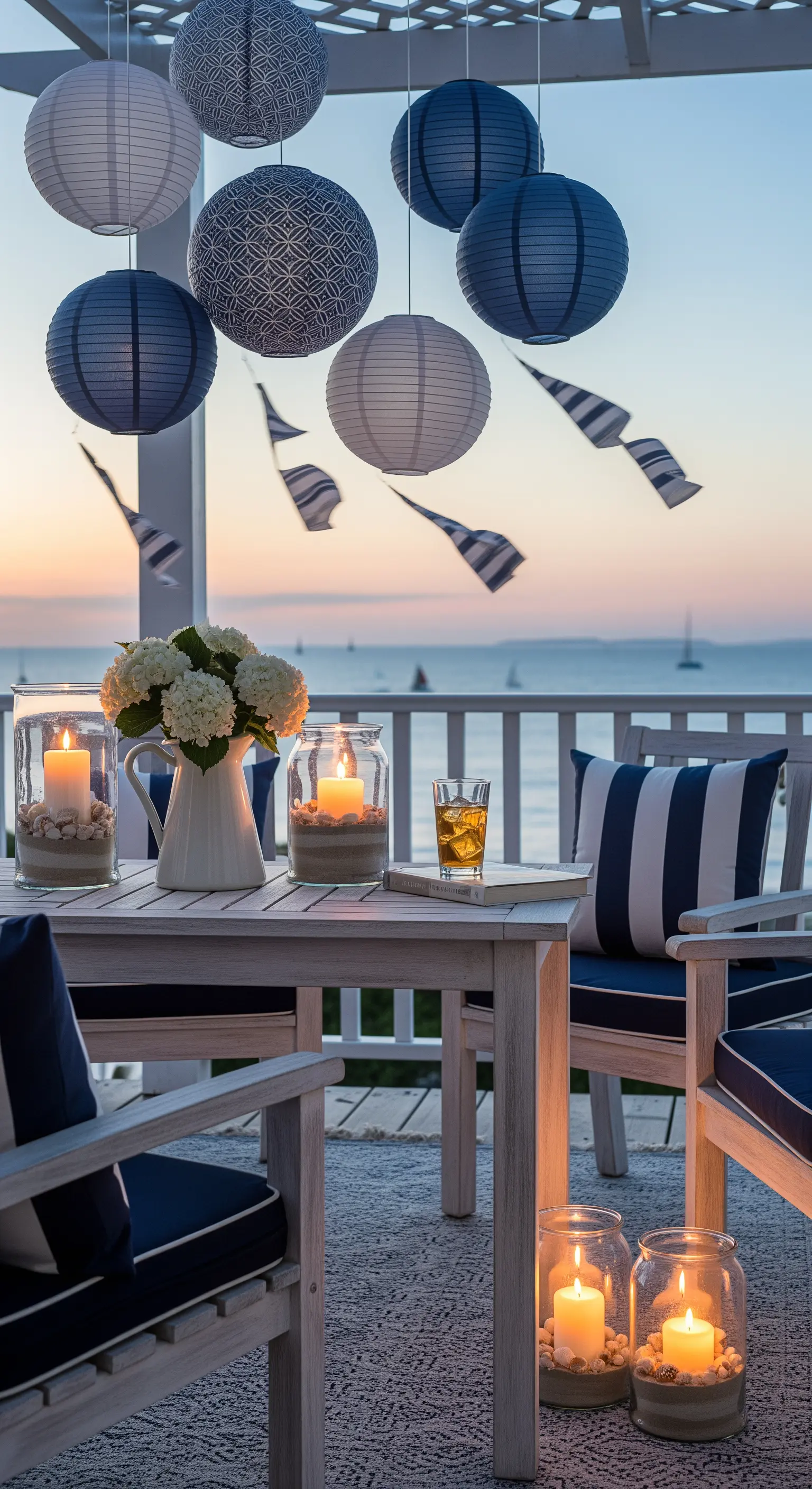 Tavolo da esterno con candele in vasi pieni di sabbia e lanterne di carta blu e bianche sospese
