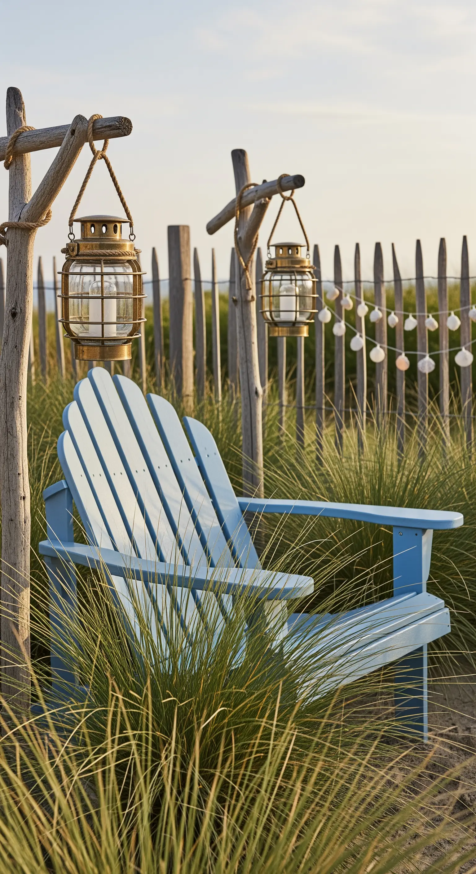 Sedia Adirondack azzurra tra erbe alte, con lanterne da marina appese a pali di legno.