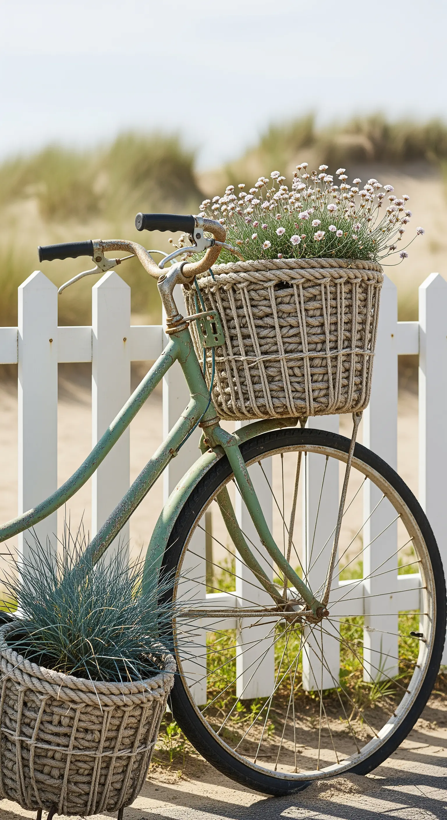 Vecchia bicicletta verde con cesti in corda intrecciata e piante che ricordano la vegetazione dunale.