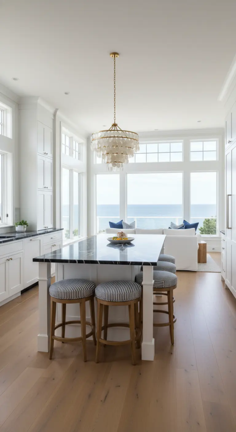 Cucina bianca con vista mare, isola in marmo nero e sgabelli a righe bianche e blu.