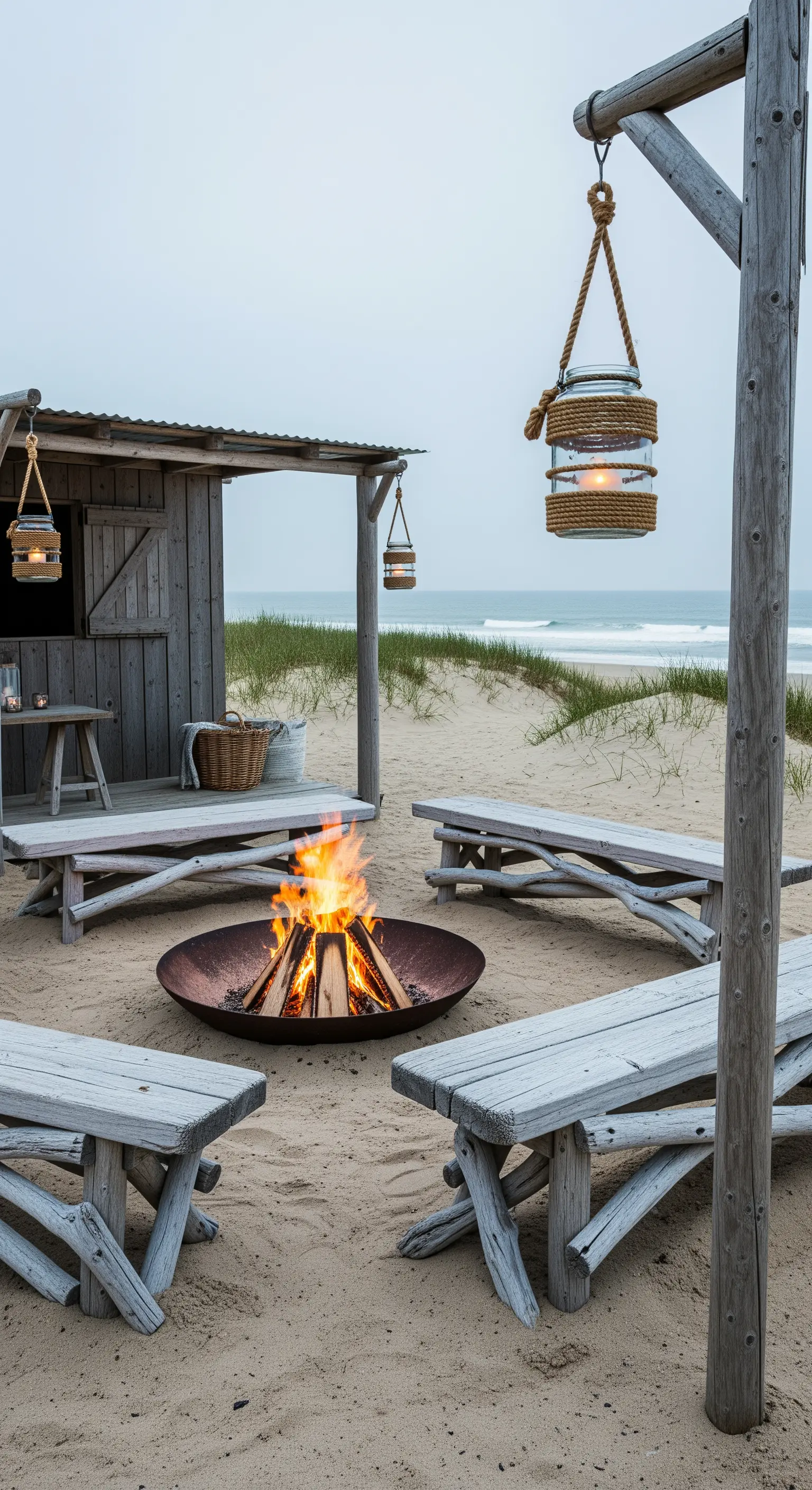 Braciere sulla spiaggia con panche in legno sbiancato e lanterne appese fatte con corda e vetro.