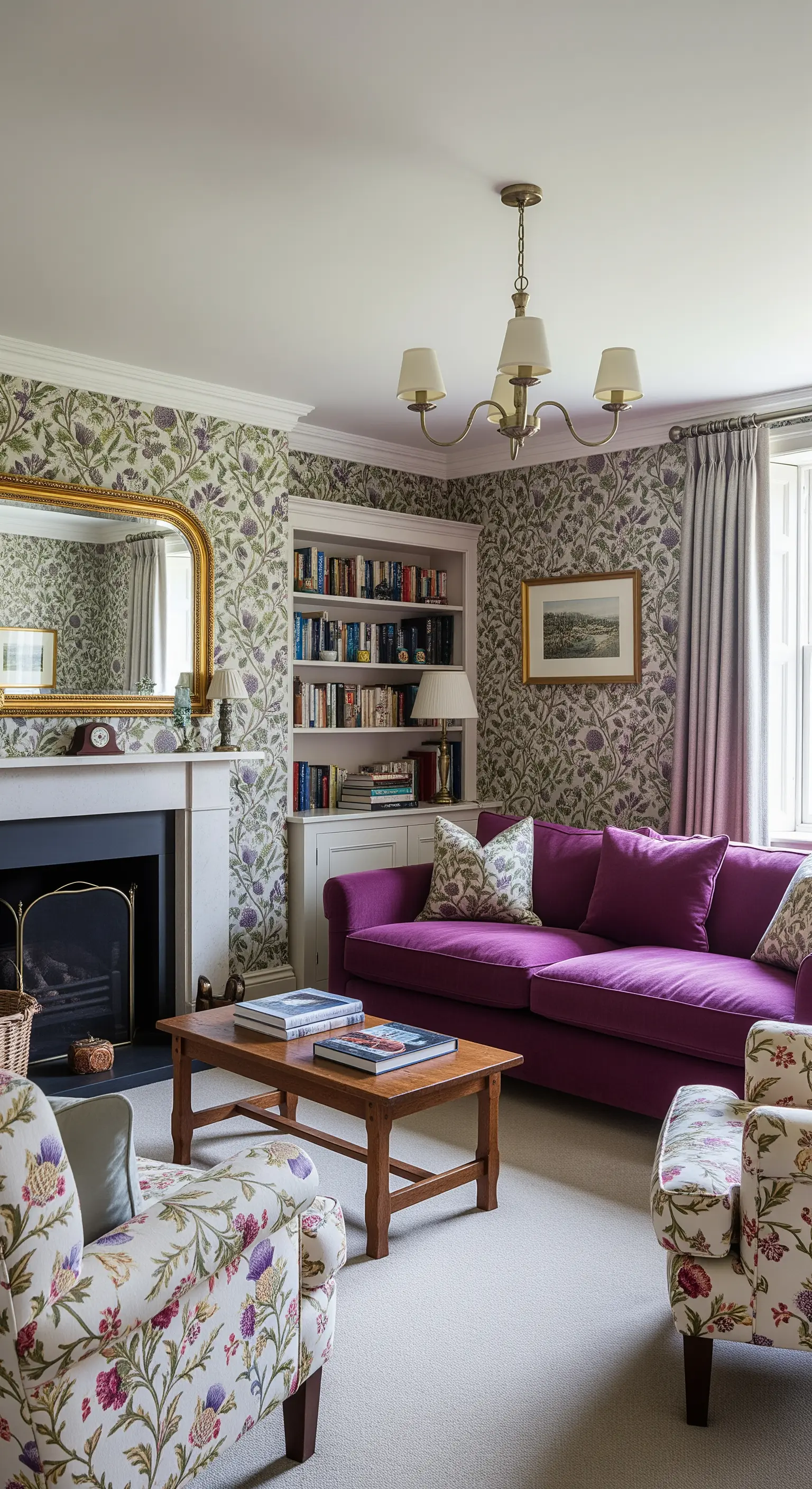 Salotto in stile country inglese con carta da parati floreale e un divano viola intenso.