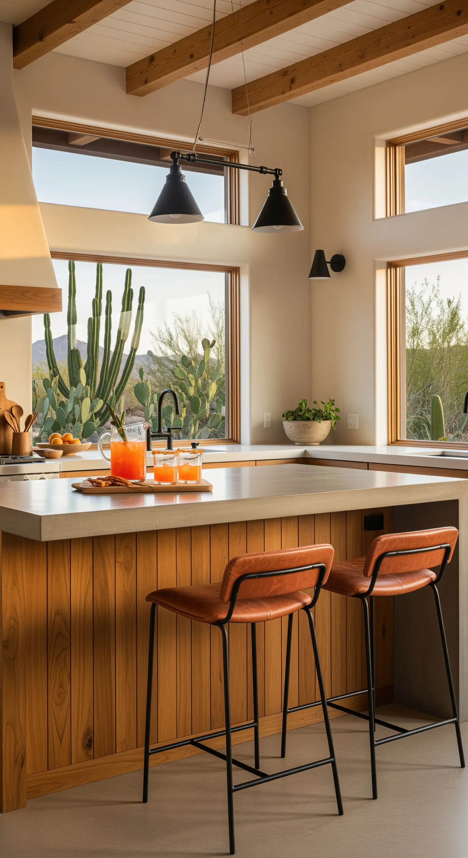 Cucina in stile Desert Modern con finestre panoramiche e sgabelli minimal in pelle chiara.