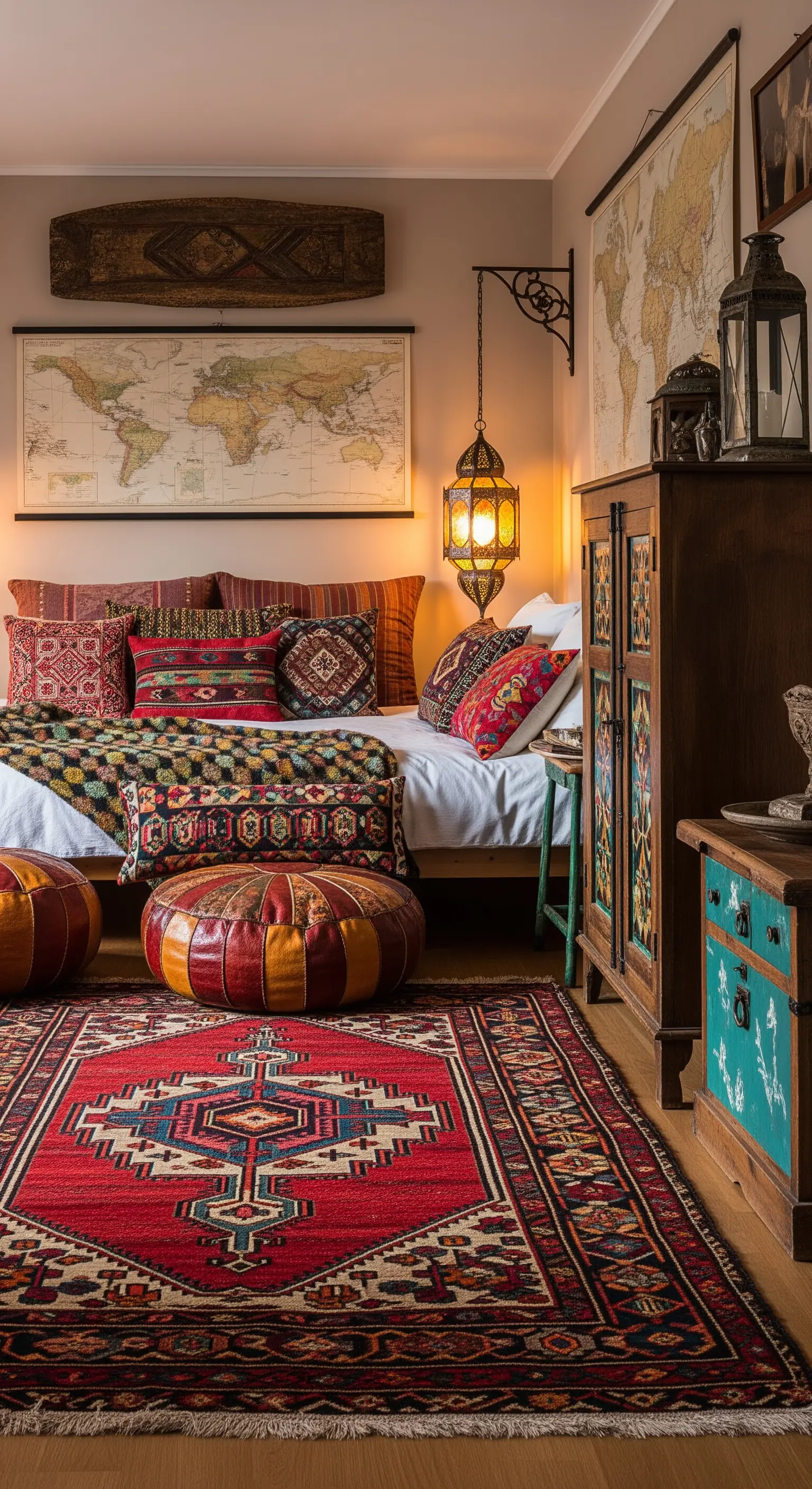 Camera da letto eclettica con tappeto persiano rosso, pouf marocchini e una mappa antica appesa alla parete.