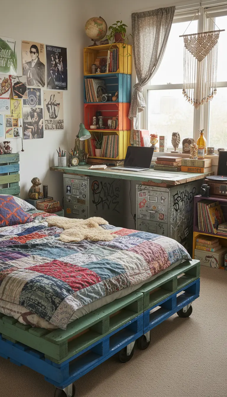 Camera da letto eclettica con letto fatto di pallet, scrivania vintage e cassette colorate.