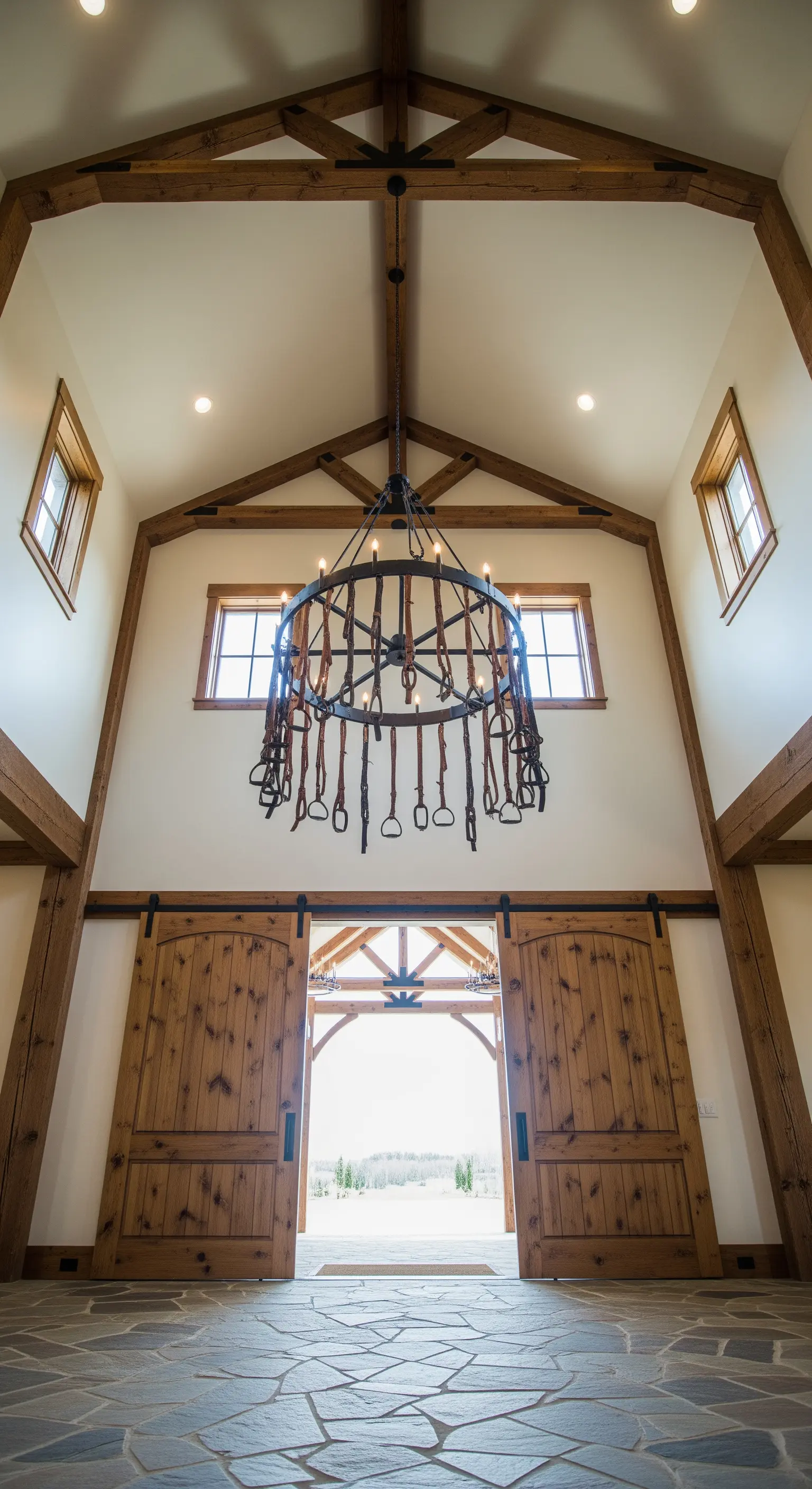 Ingresso rustico con porte da fienile e un lampadario circolare decorato con finimenti da cavallo.