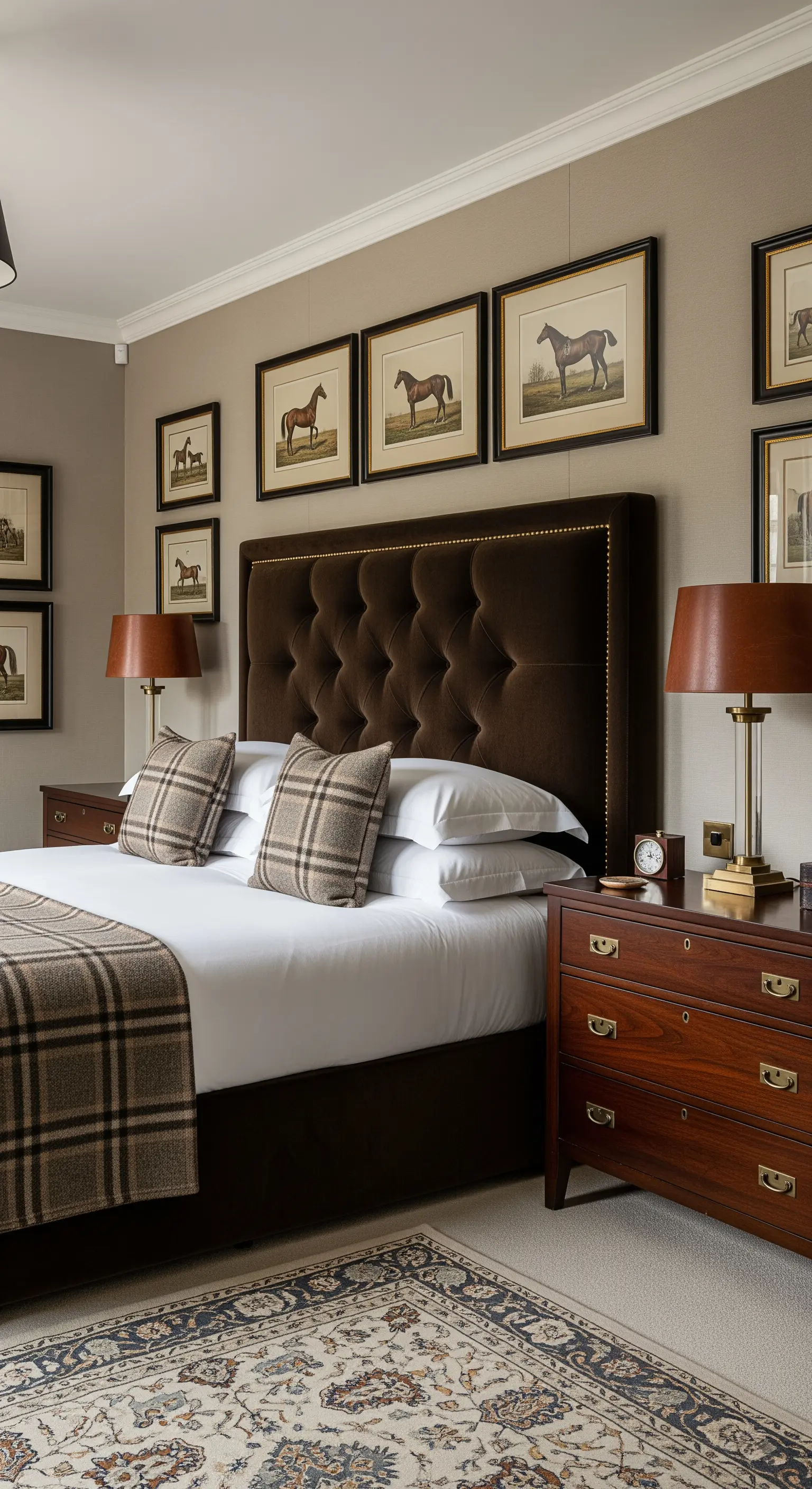 Testiera capitonné marrone circondata da stampe di cavalli in una camera classica.