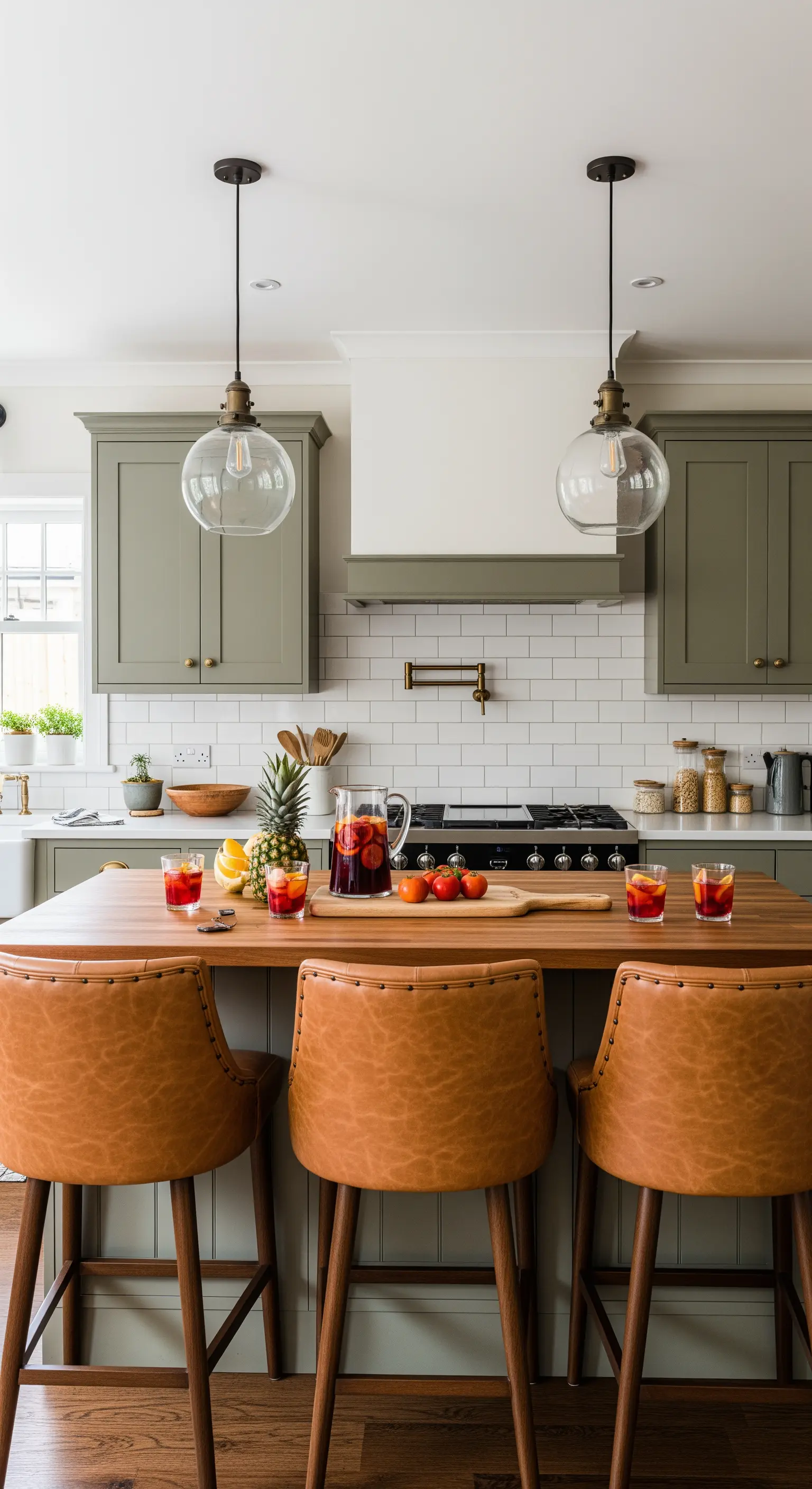 Cucina moderna stile farmhouse con sgabelli in pelle cognac e bancone in legno.