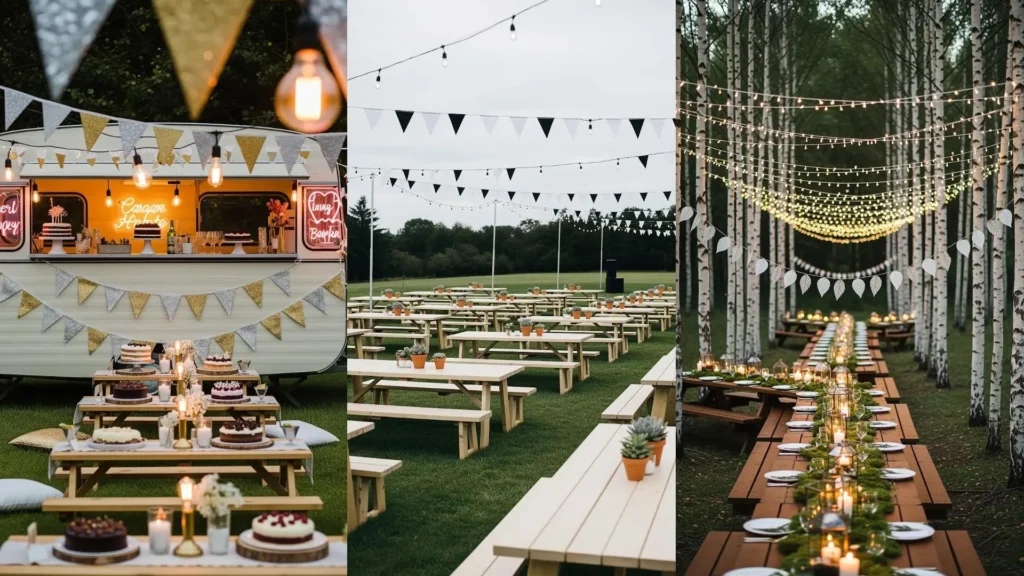 Allestimenti stile festival con lucine e bandierine tra tavoli picnic all'aperto per un matrimonio indimenticabile.