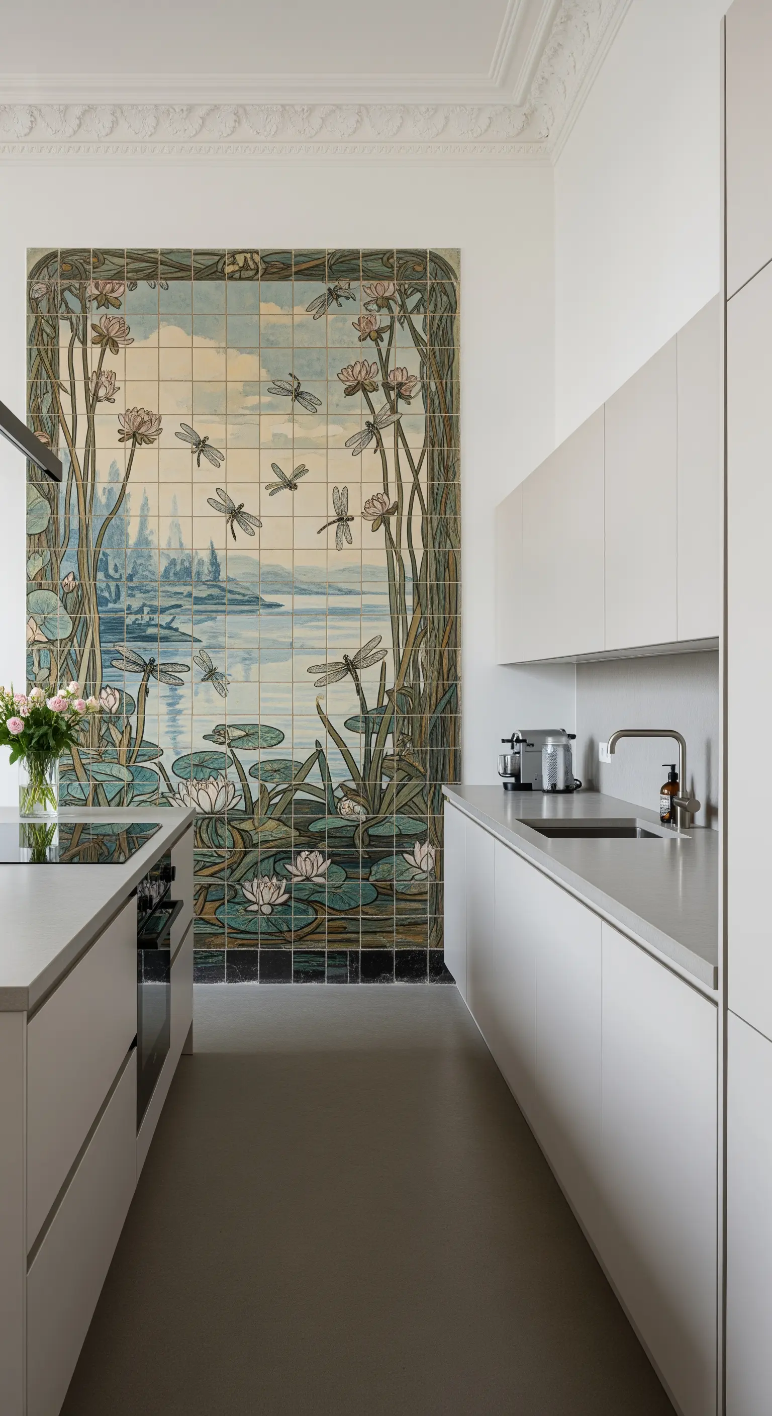 Cucina minimalista con un grande pannello di piastrelle in stile Art Nouveau.