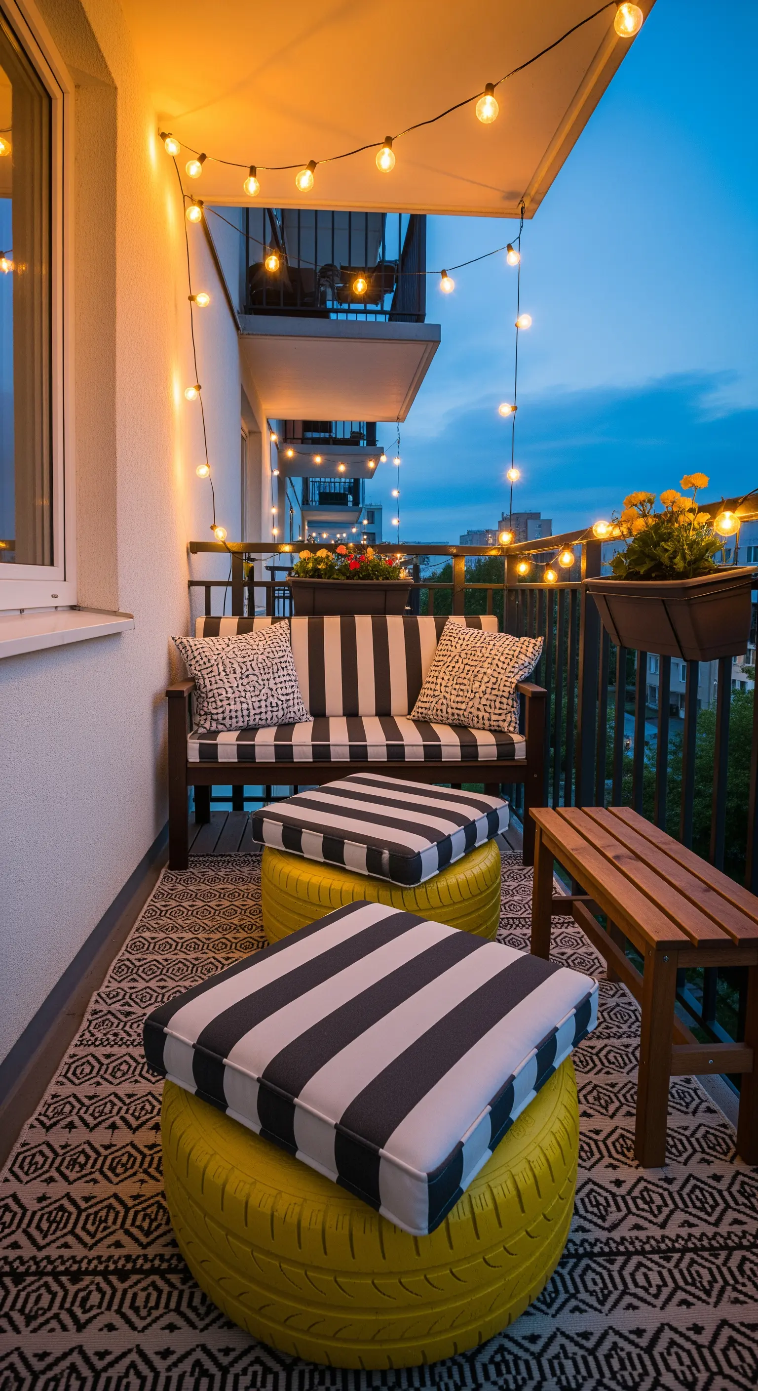 Balcone arredato con pouf fai-da-te gialli e cuscini a righe bianche e nere.