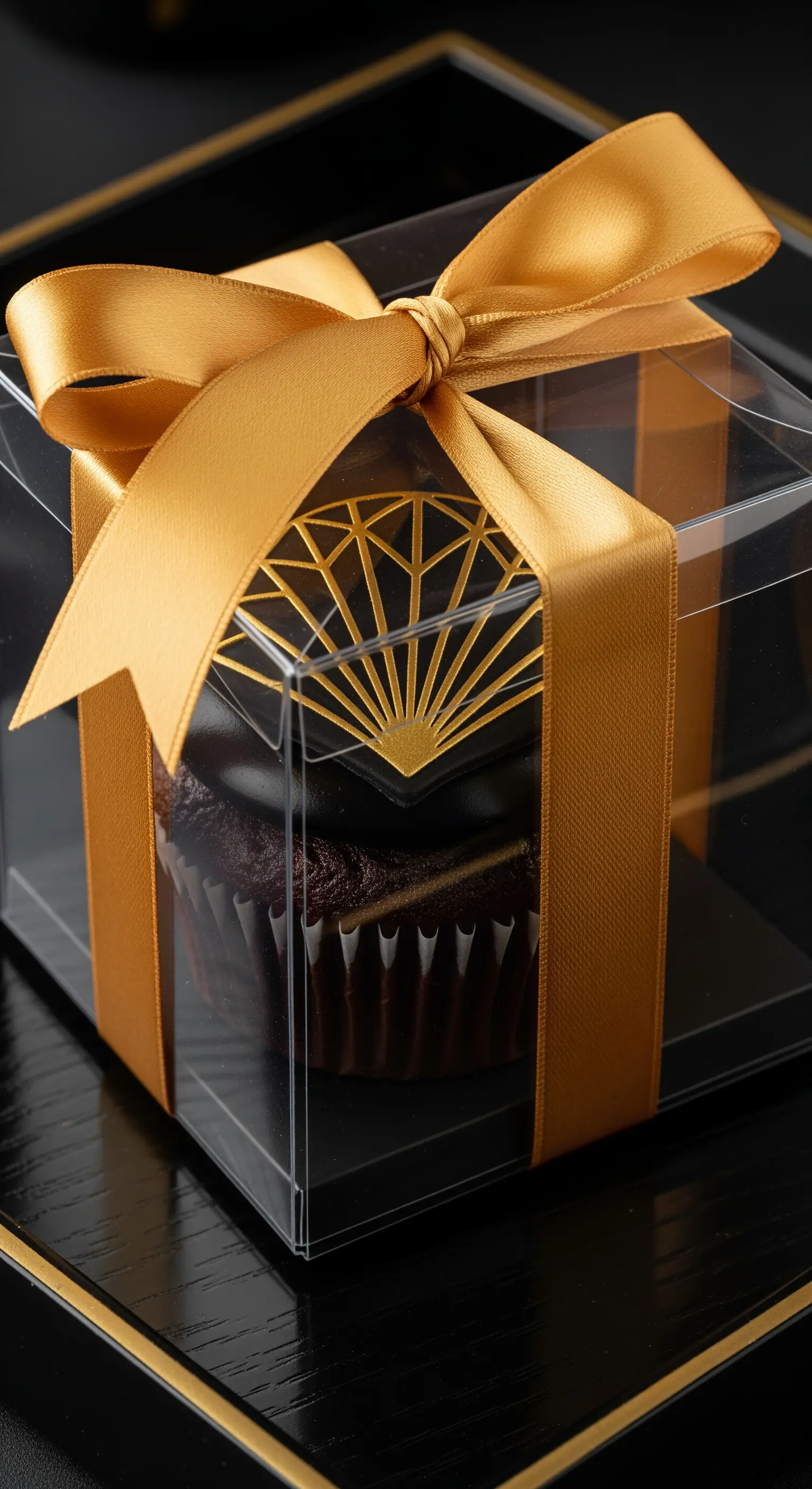 Cupcake nero e oro con decorazione Art Déco e un fiocco dorato.