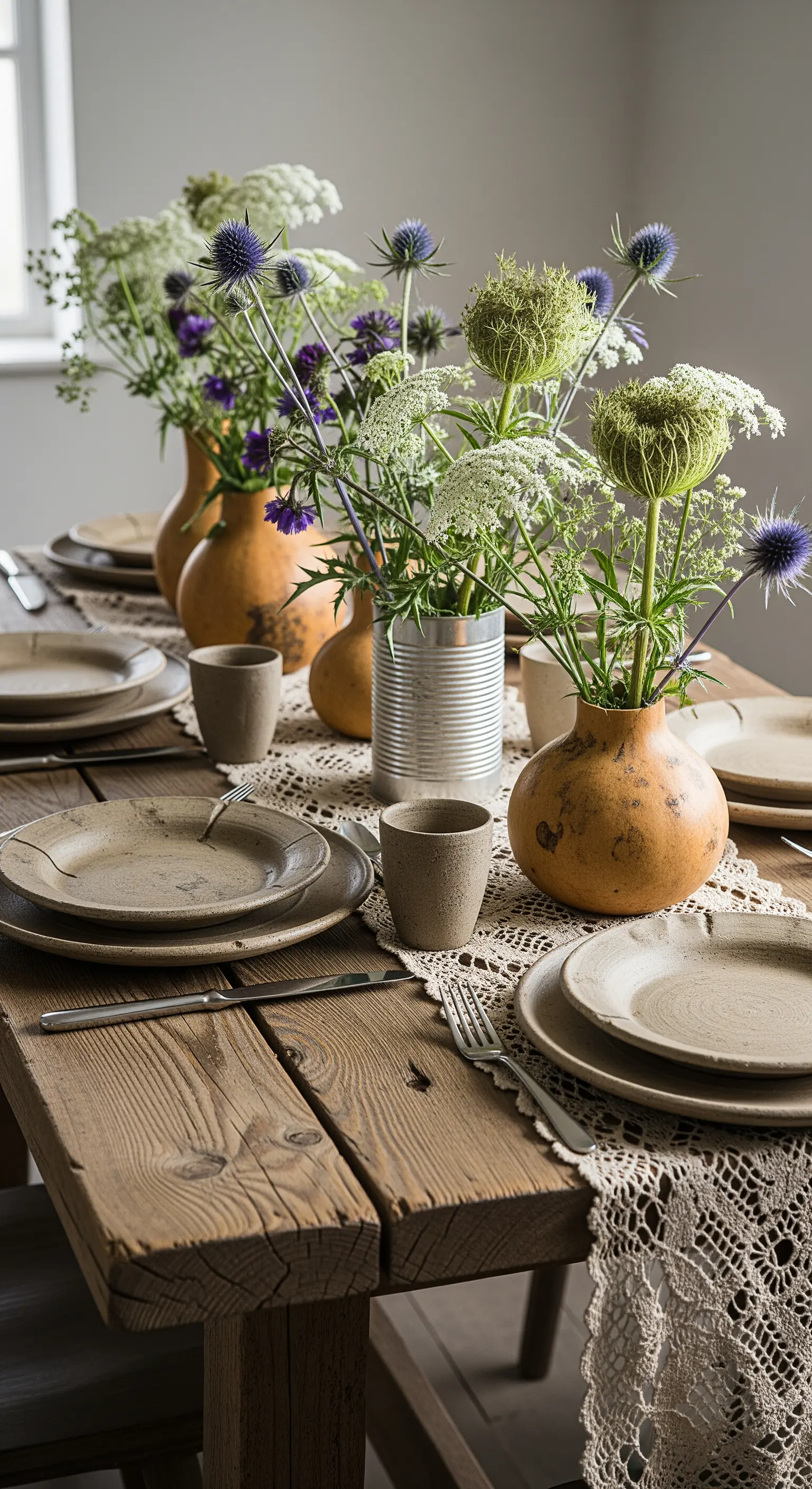 Tavola rustica con runner all'uncinetto, piatti in gres e fiori selvatici in vasi di terracotta e latta