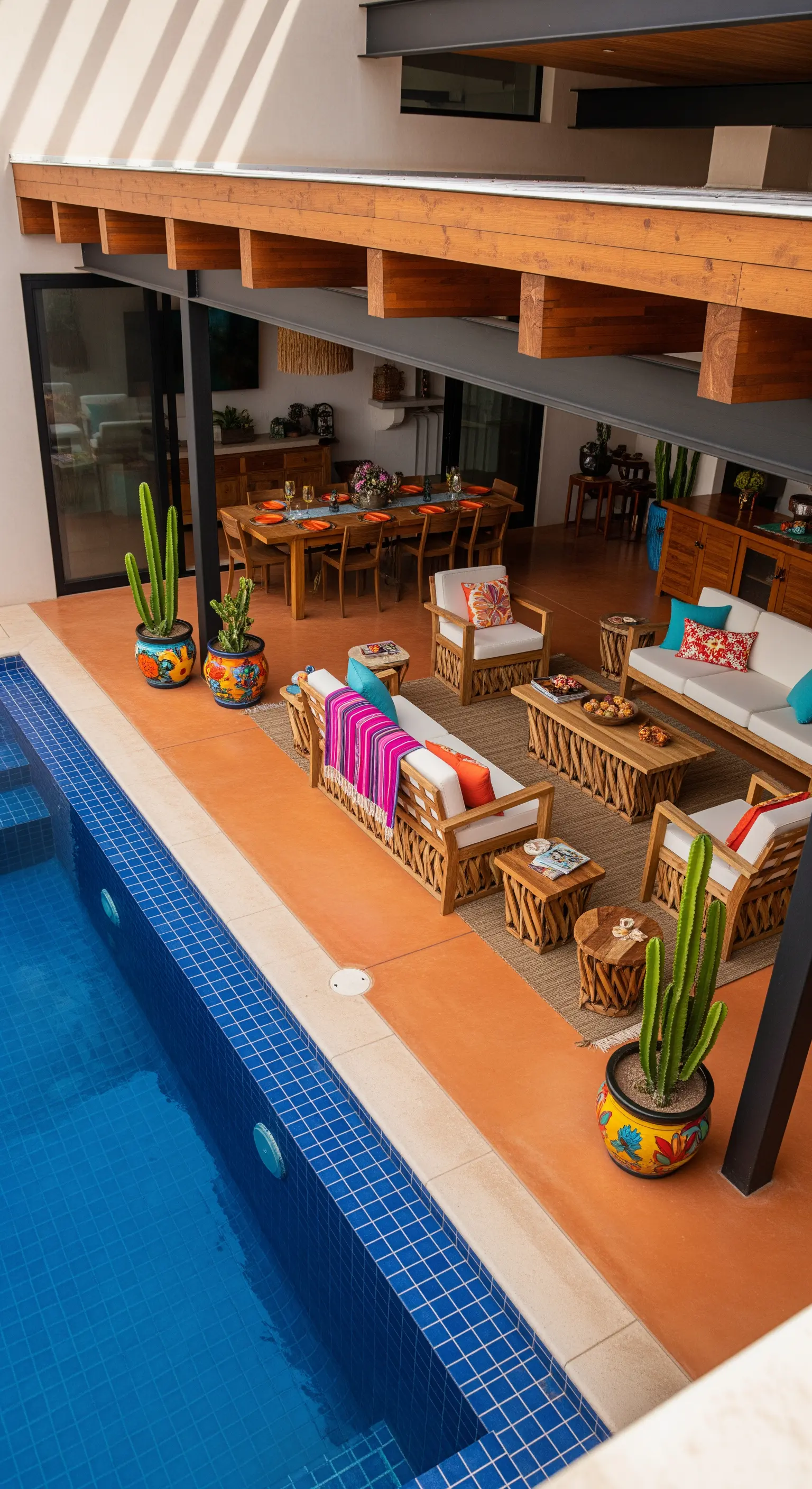 Patio coperto in stile messicano con arredi in legno, tessuti colorati e vasi dipinti.