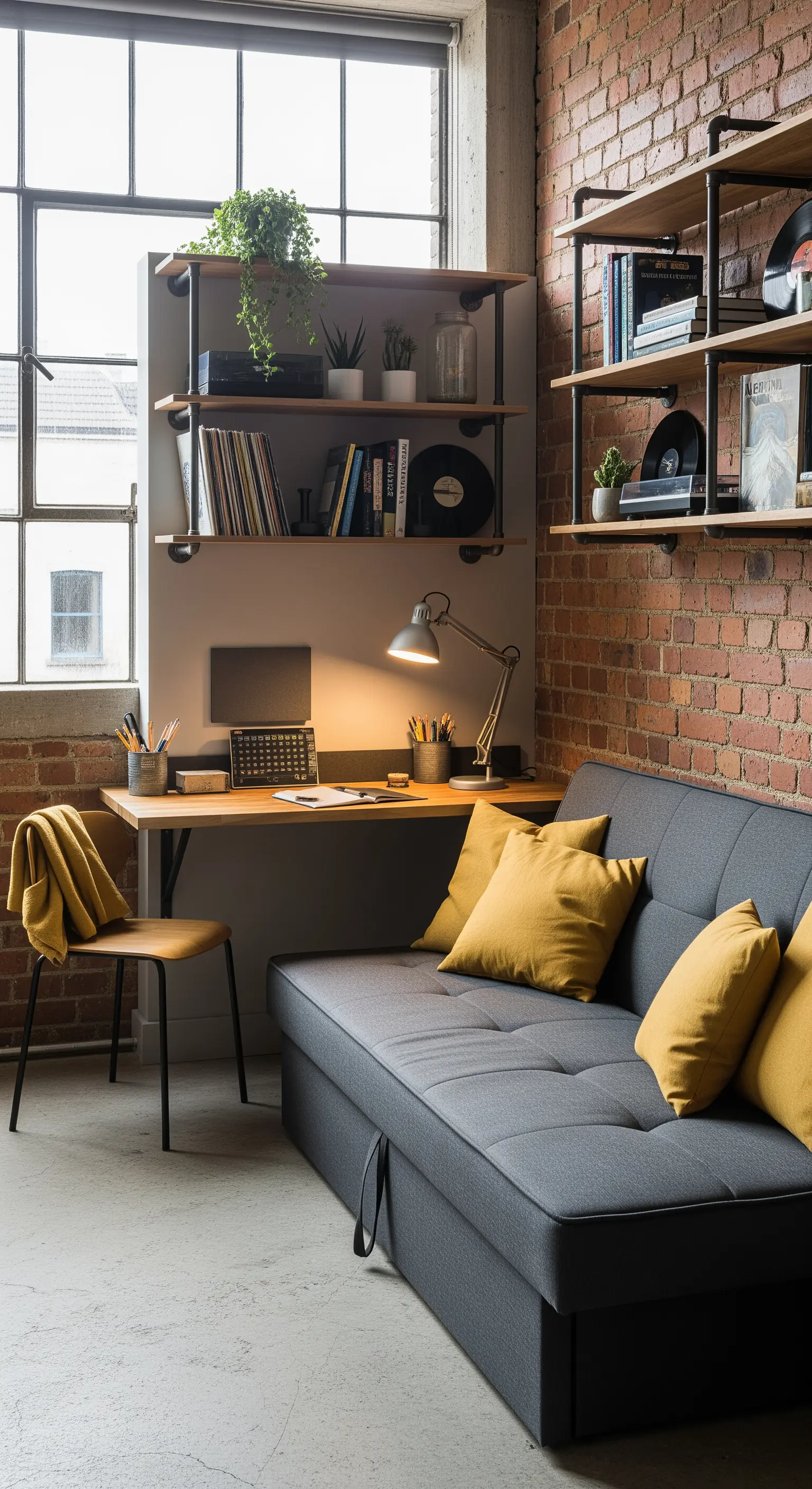 Salotto stile industrial con divano letto grigio, scrivania in legno e mensole a muro.