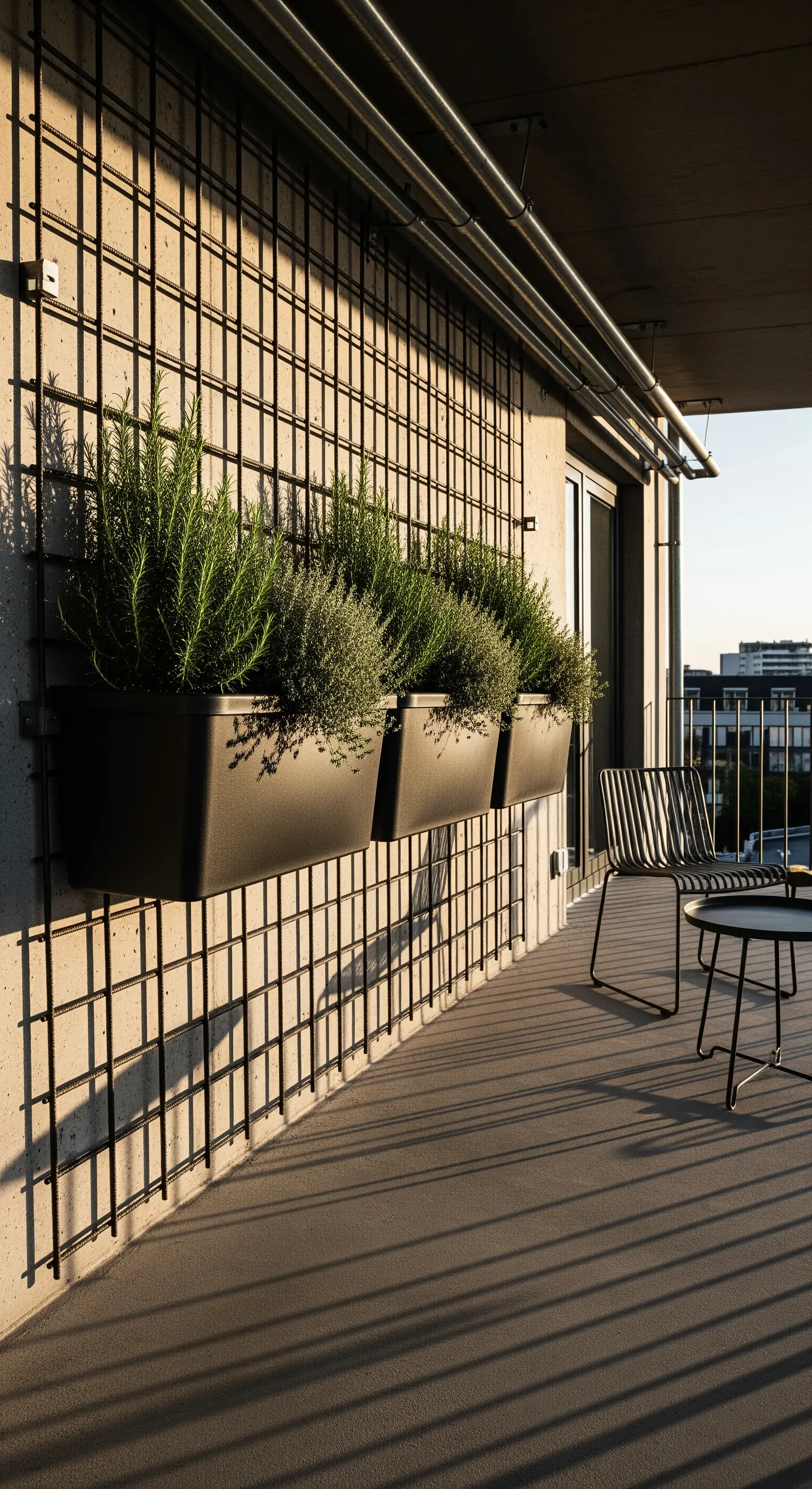 Parete in cemento con griglia e fioriere nere minimaliste contenenti rosmarino.