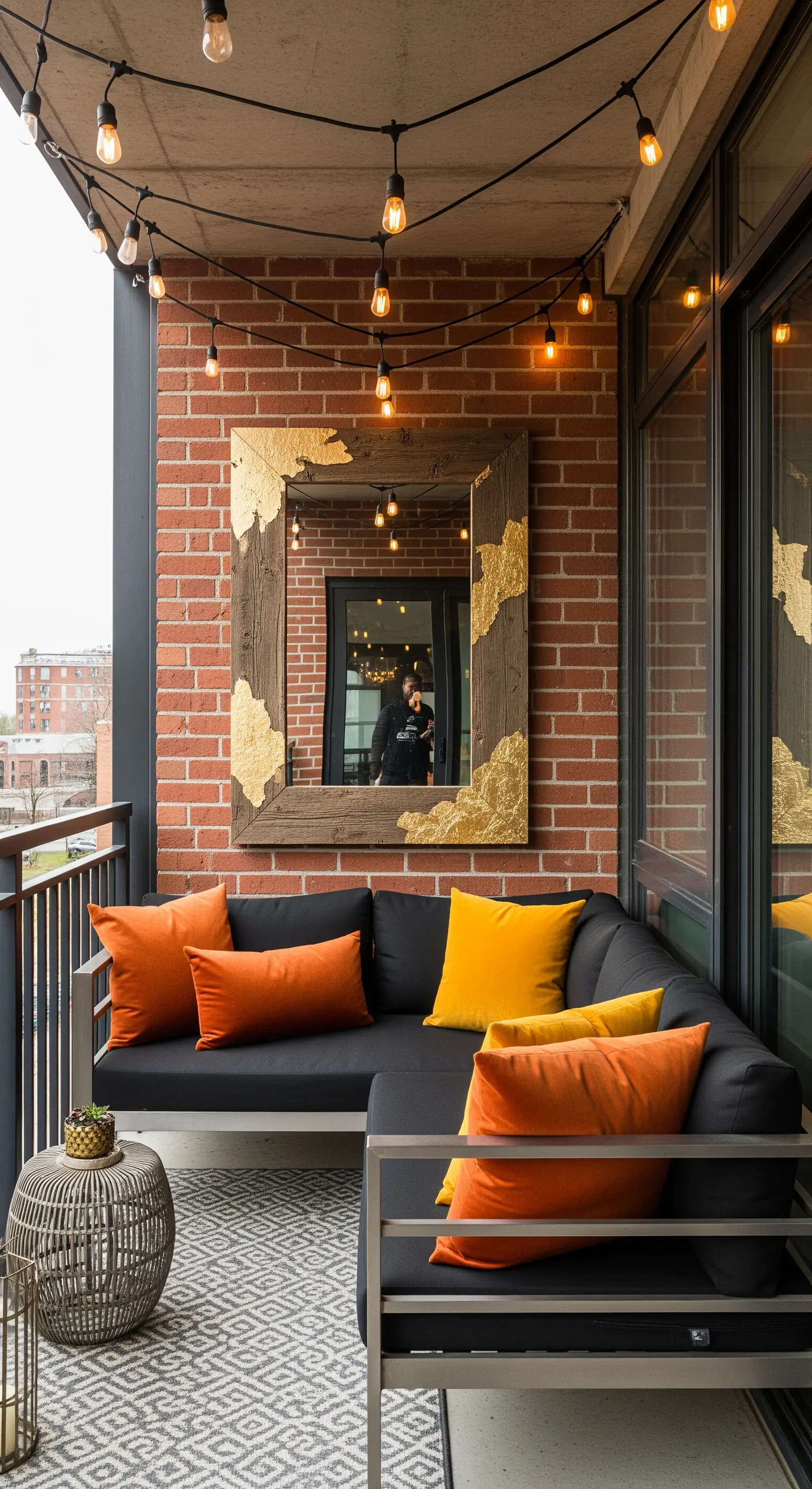 Balcone industrial con parete in mattoni, divano nero e specchio in legno con foglia d'oro.