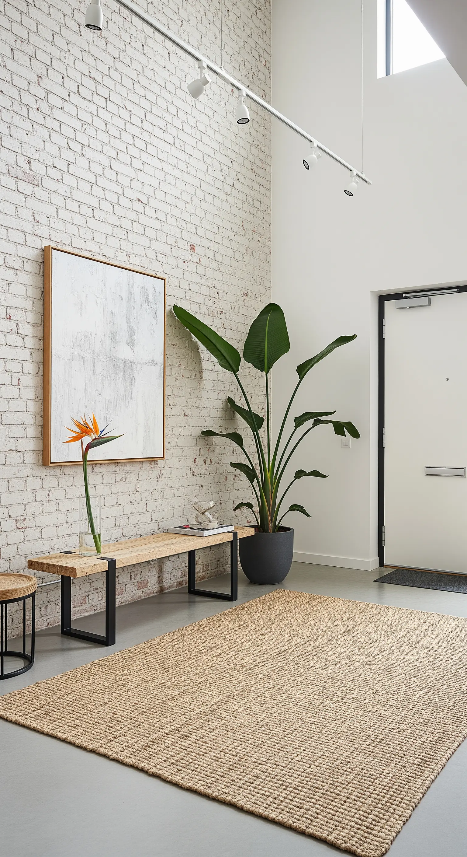 Ingresso industriale con parete in mattoni bianchi, panca in legno e metallo e tappeto in juta.