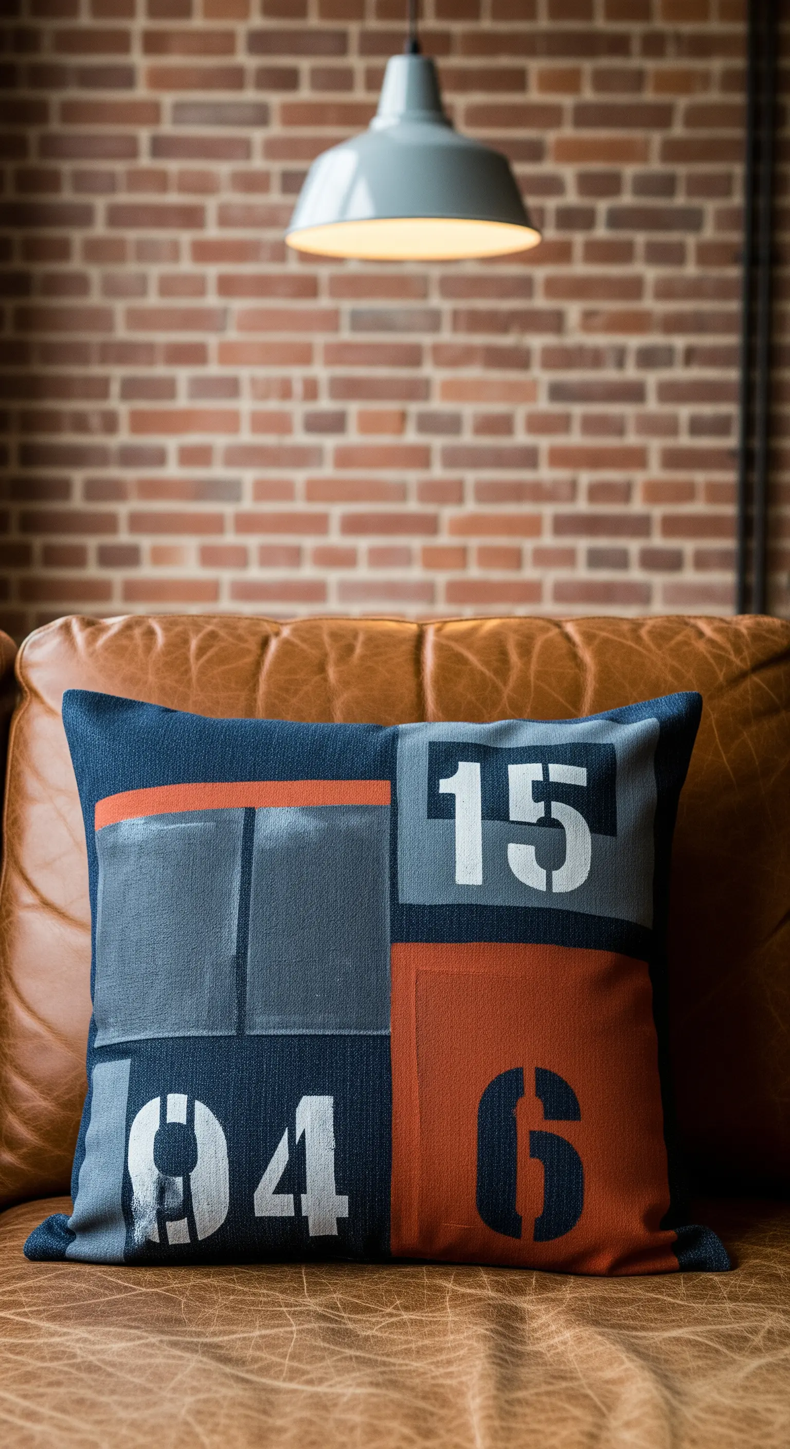 Cuscino in stile industriale con numeri stencil e blocchi di colore su un divano in pelle marrone.